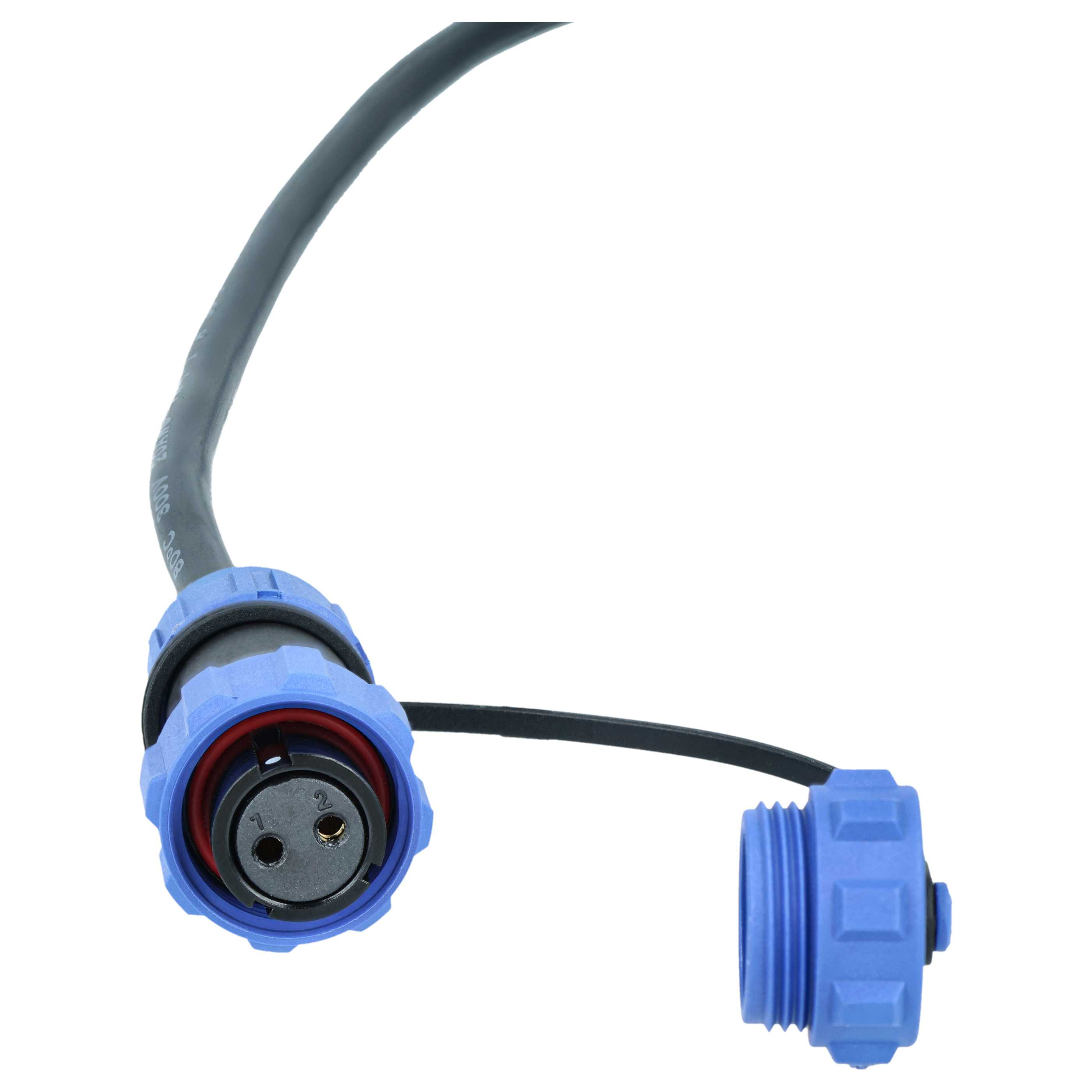 Ein blau-schwarzer elektrischer Stecker mit schwarzem Kabel. Ein Teil ist offen, ein anderer geschlossen.