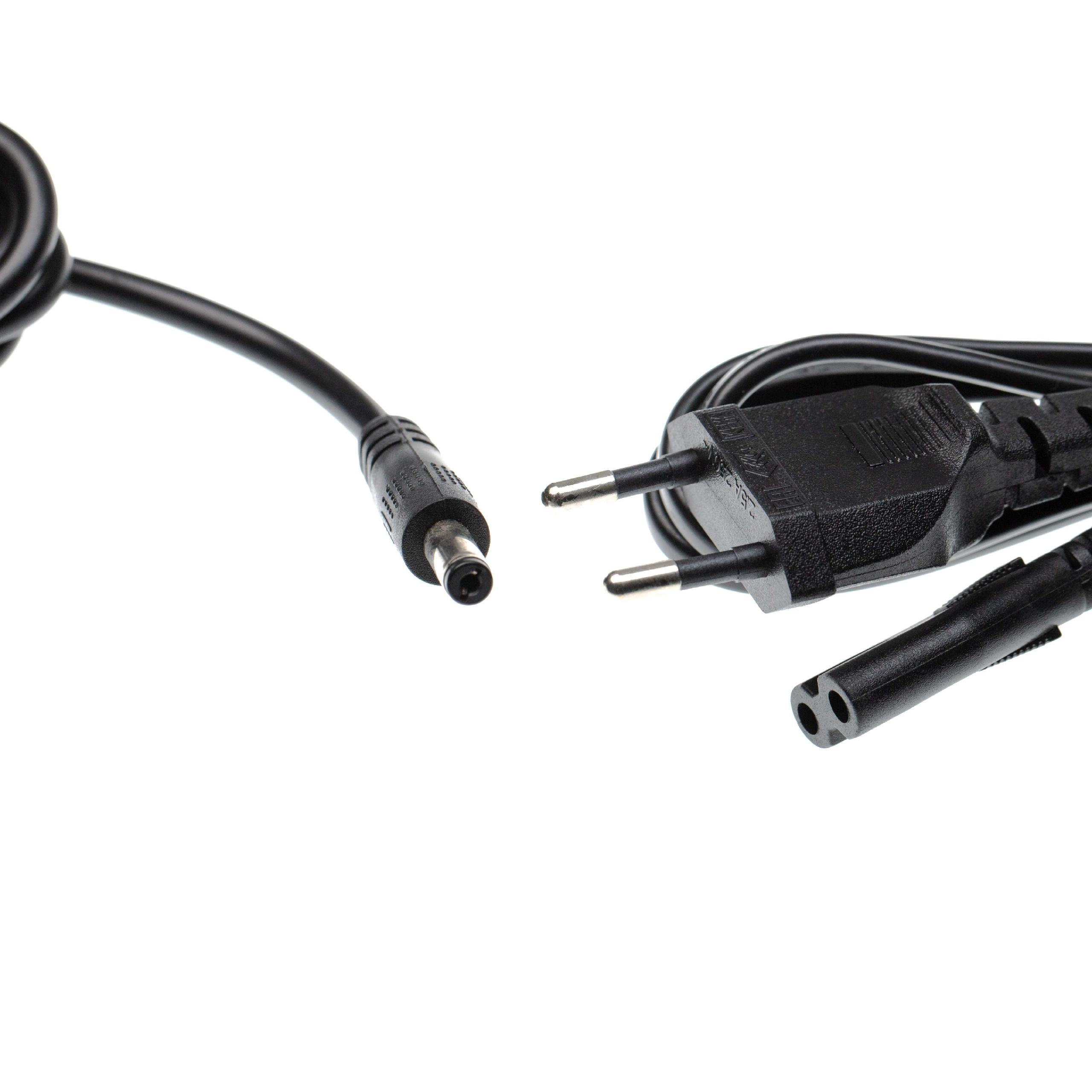 Schwarze Netzkabel mit unterschiedlichen Steckern auf weißem Hintergrund. Ein Ende hat einen DC-Anschluss, das andere einen Stecker.