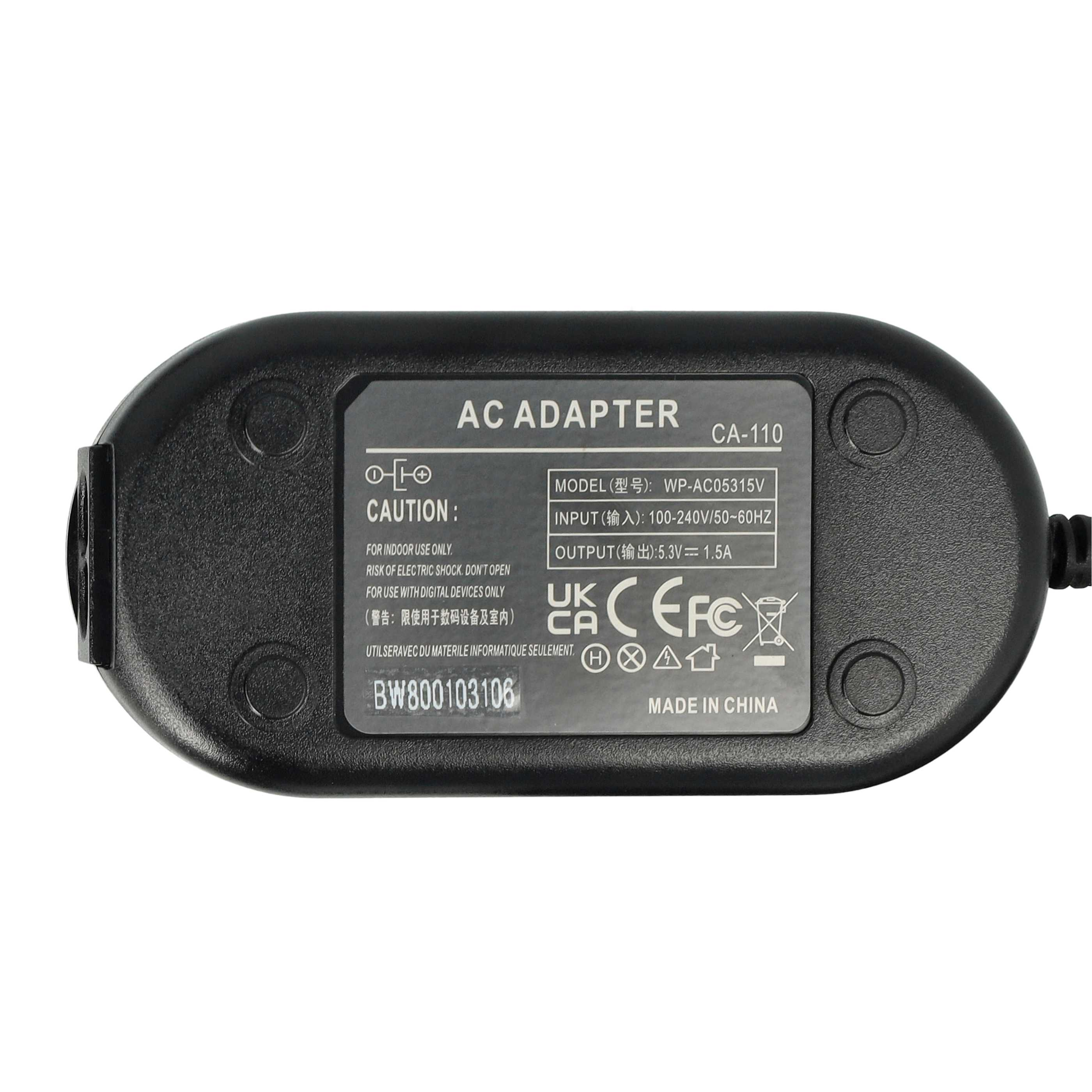 Schwarzer AC-Adapter mit weißem Text. Er hat Text wie 'AC Adapter', 'Caution' und technische Spezifikationen.