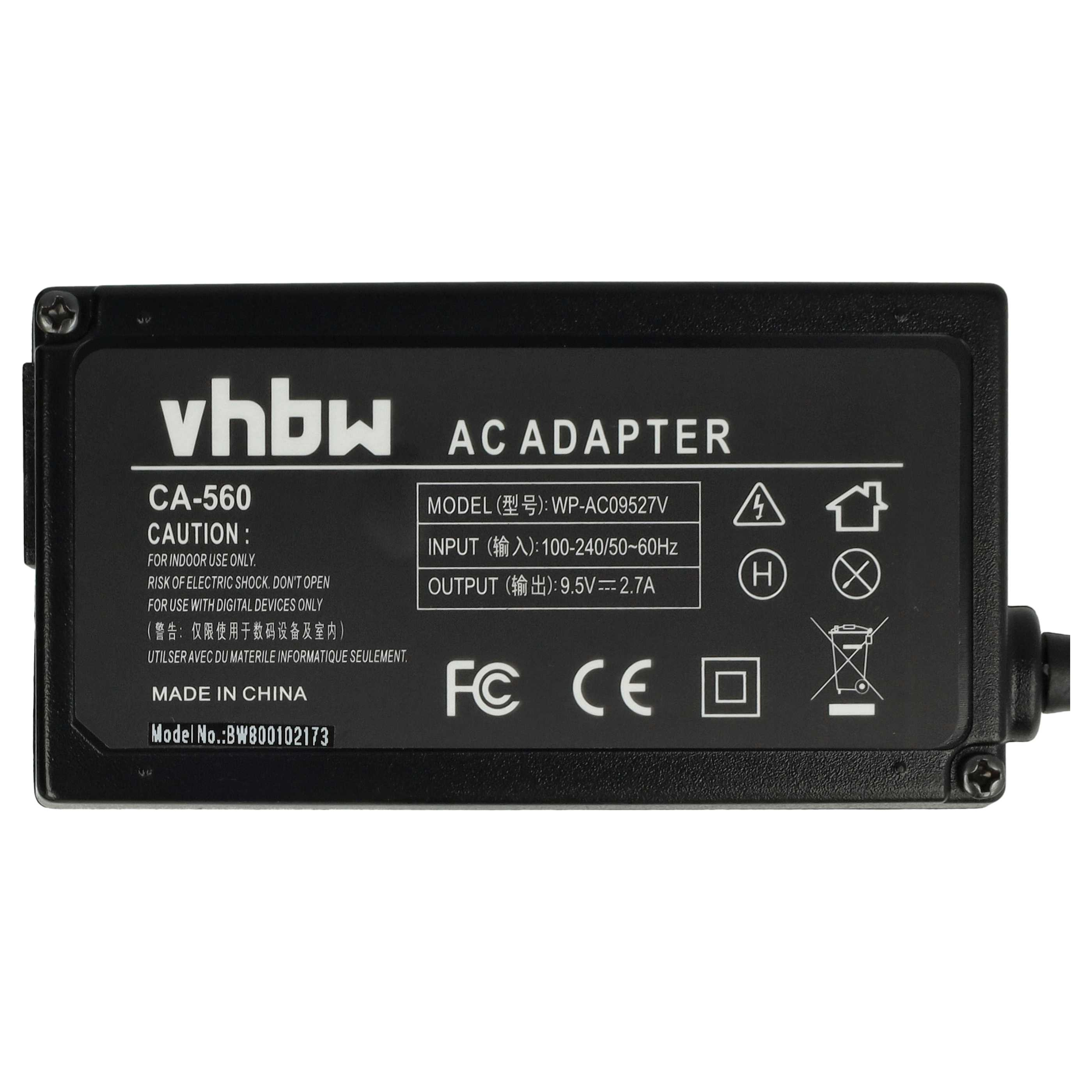 Schwarzes Netzteil mit weißem Text. Liest 'vhbw', 'AC ADAPTER' und technische Details.