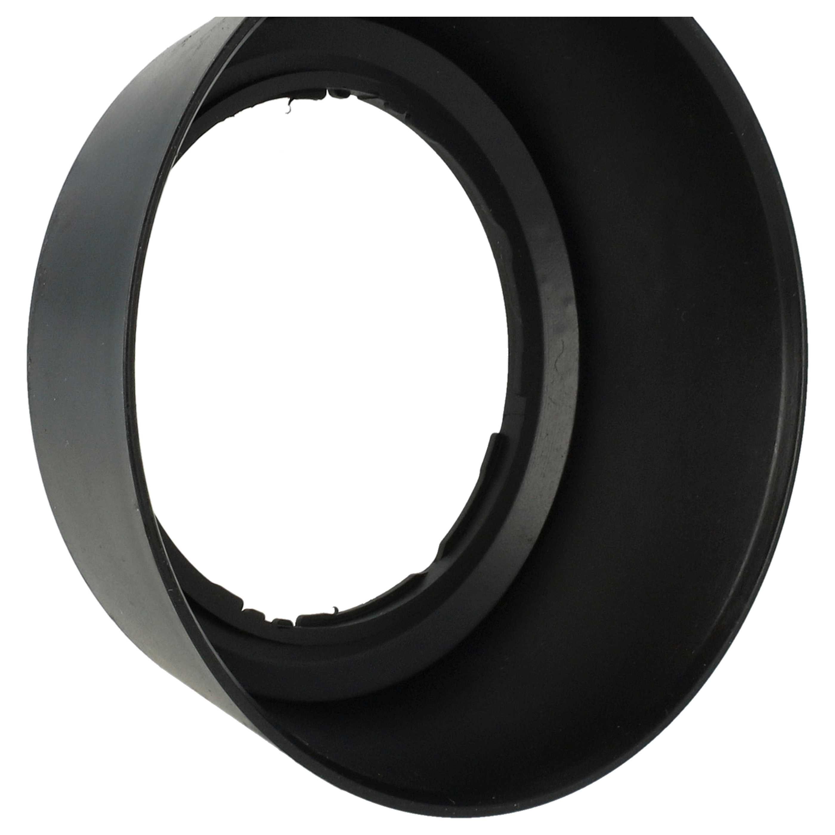 Eine schwarze Objektiv-Gegenlichtblende, zylindrische Form mit breiter Öffnung. Der Hintergrund ist weiß.