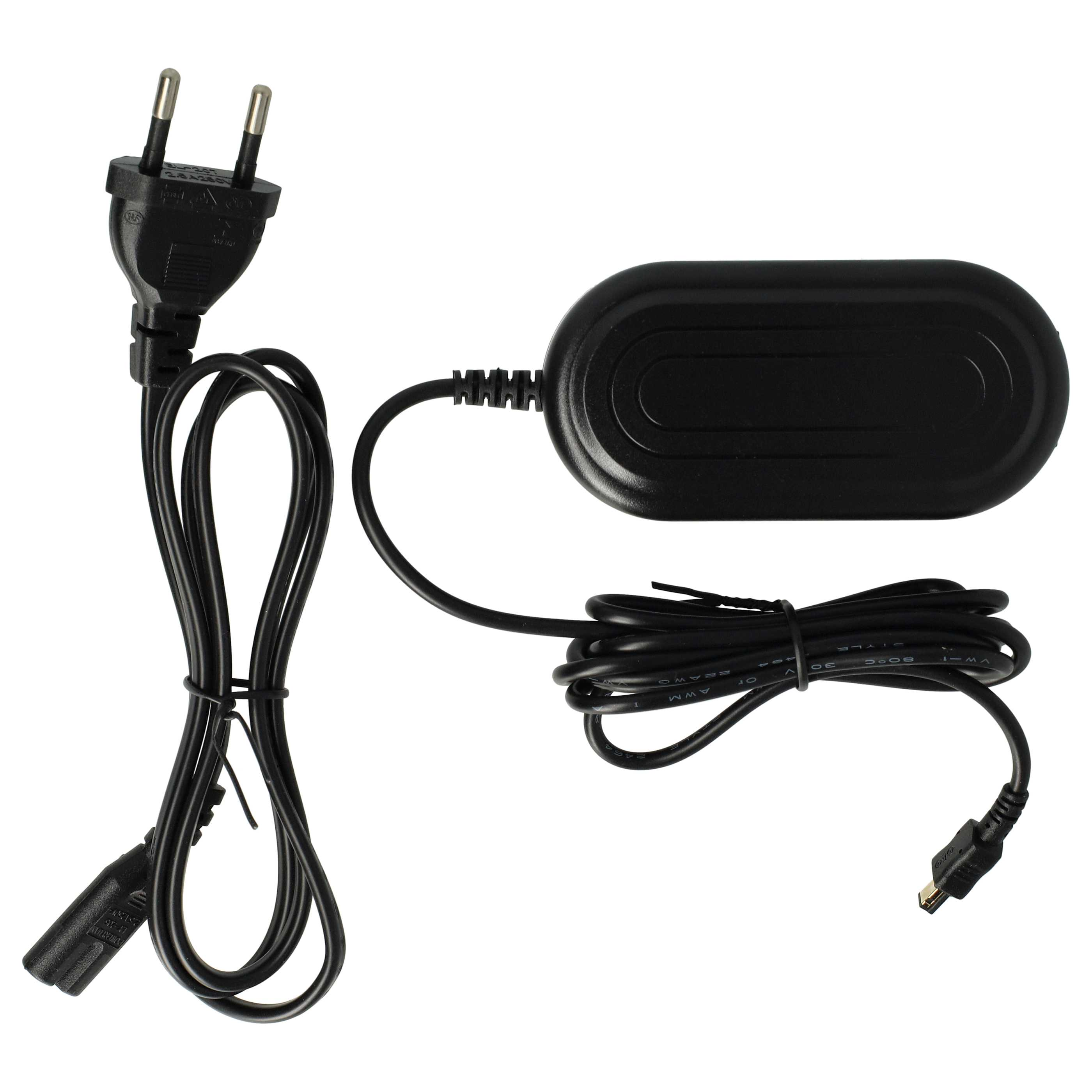 Schwarzes Kamerabatterieladegerät mit Stecker, Transformator und Kabel, alles auf weißem Hintergrund.