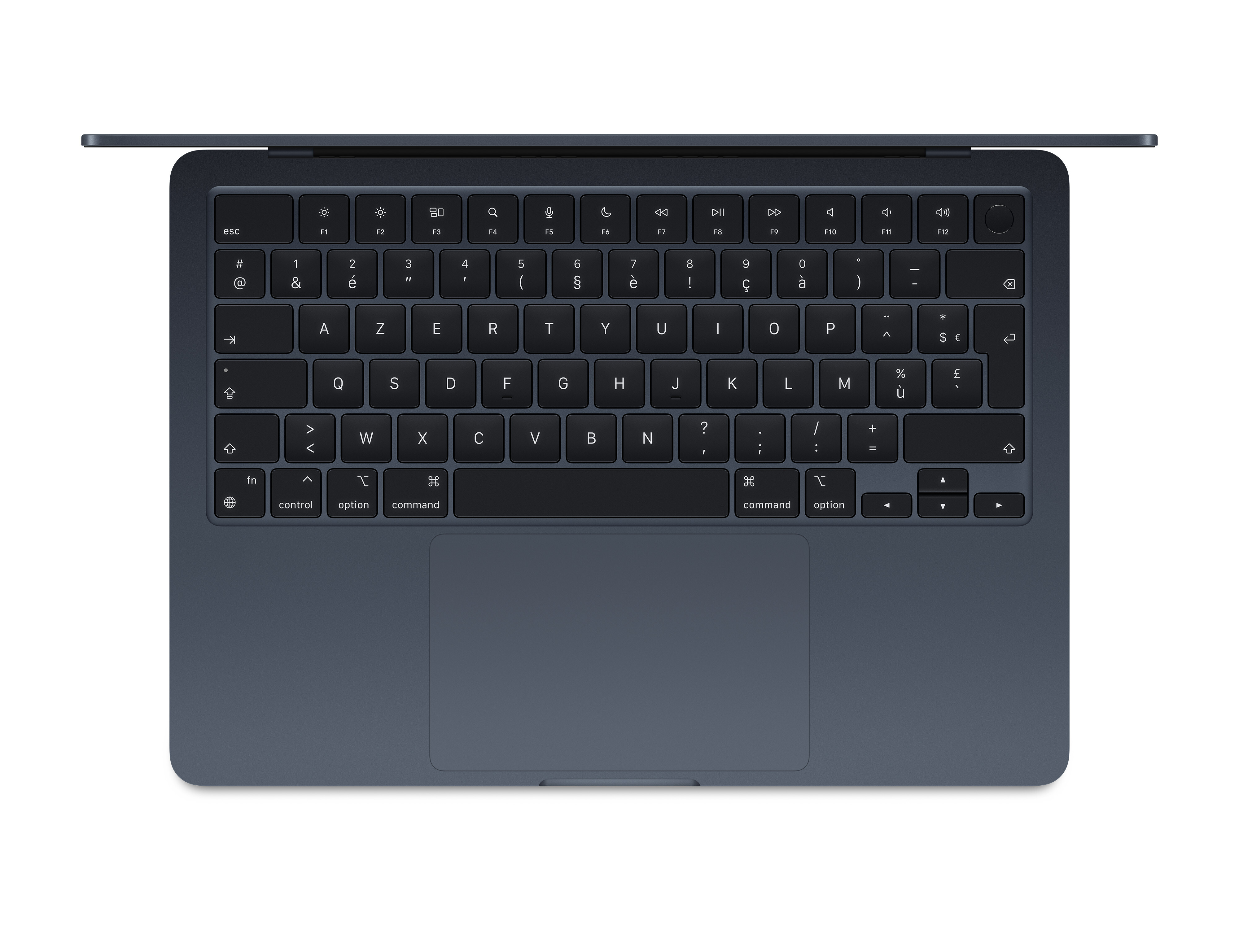 Widok z góry na ciemnoszarą klawiaturę laptopa. Klawisze są czarne z białymi literami. Widoczny jest gładzik.