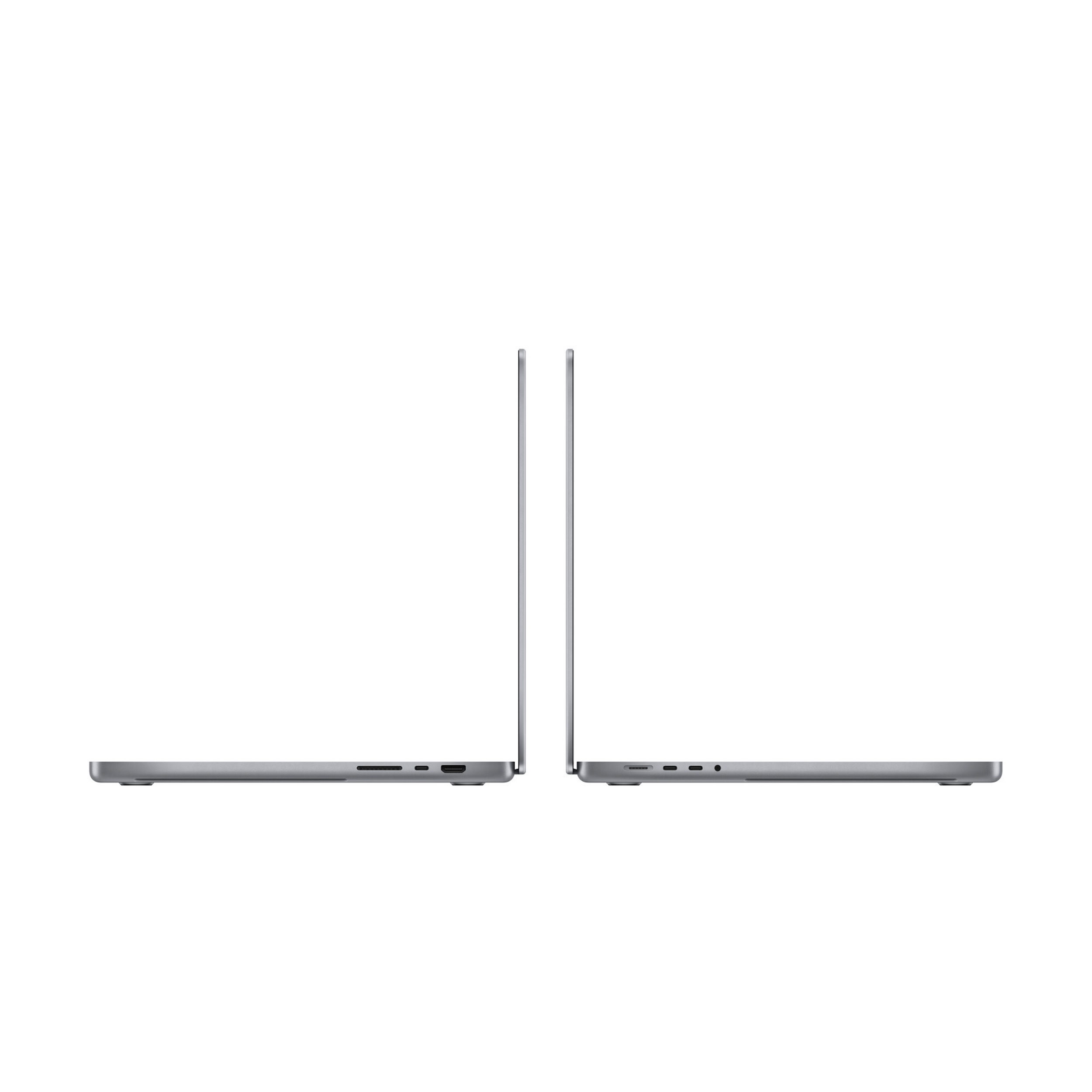 Dwa szare laptopy obok siebie, otwarte pod kątem 90 stopni, na białym tle.