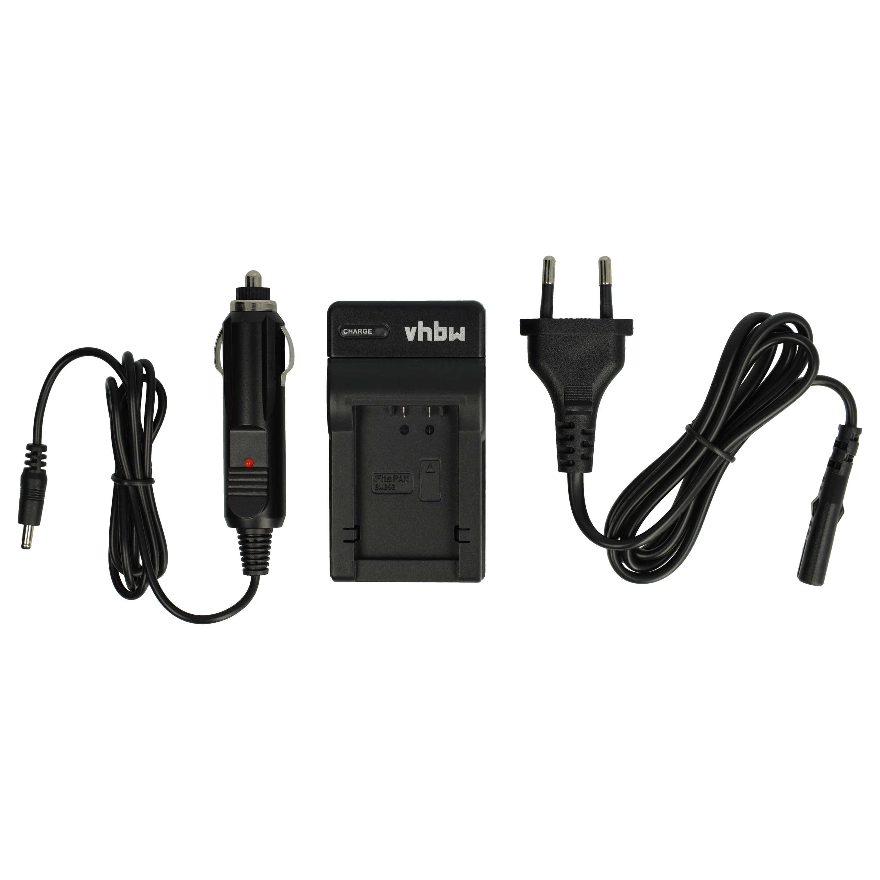Ein schwarzes Ladegerät-Set auf weißem Hintergrund. Es umfasst ein Autoladegerät, ein Batterieladegerät und einen Netzstecker.