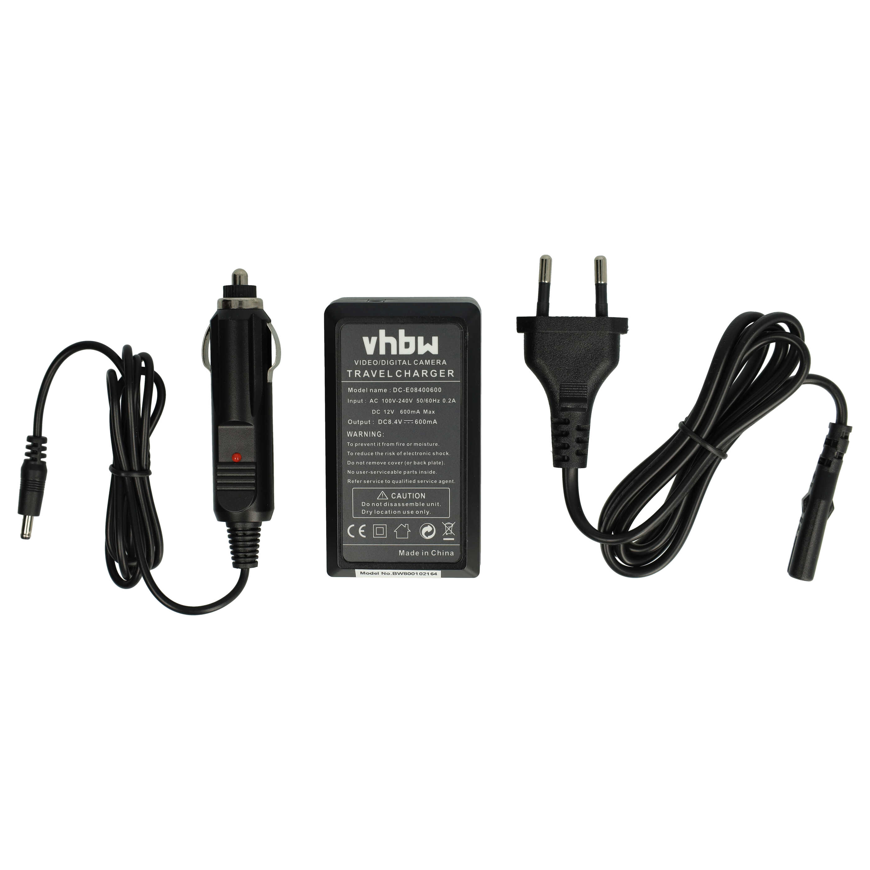 Ein schwarzes Reise-Ladegerät mit Kabeln, einem Auto-Adapter und einem Wandstecker auf weißem Grund.