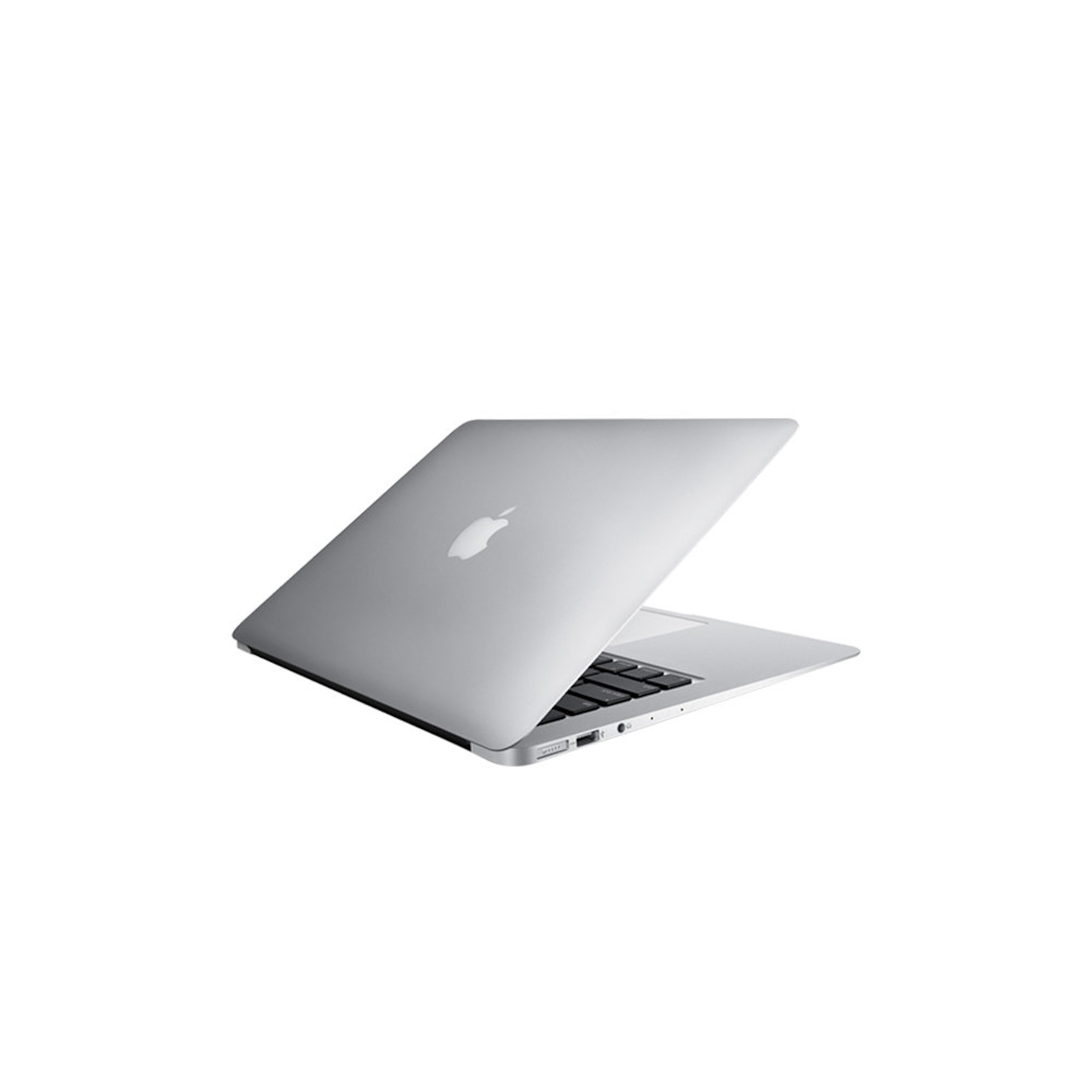 Laptop argentato con il logo Apple. Lo schermo è aperto. Tastiera nera visibile. Sfondo bianco.