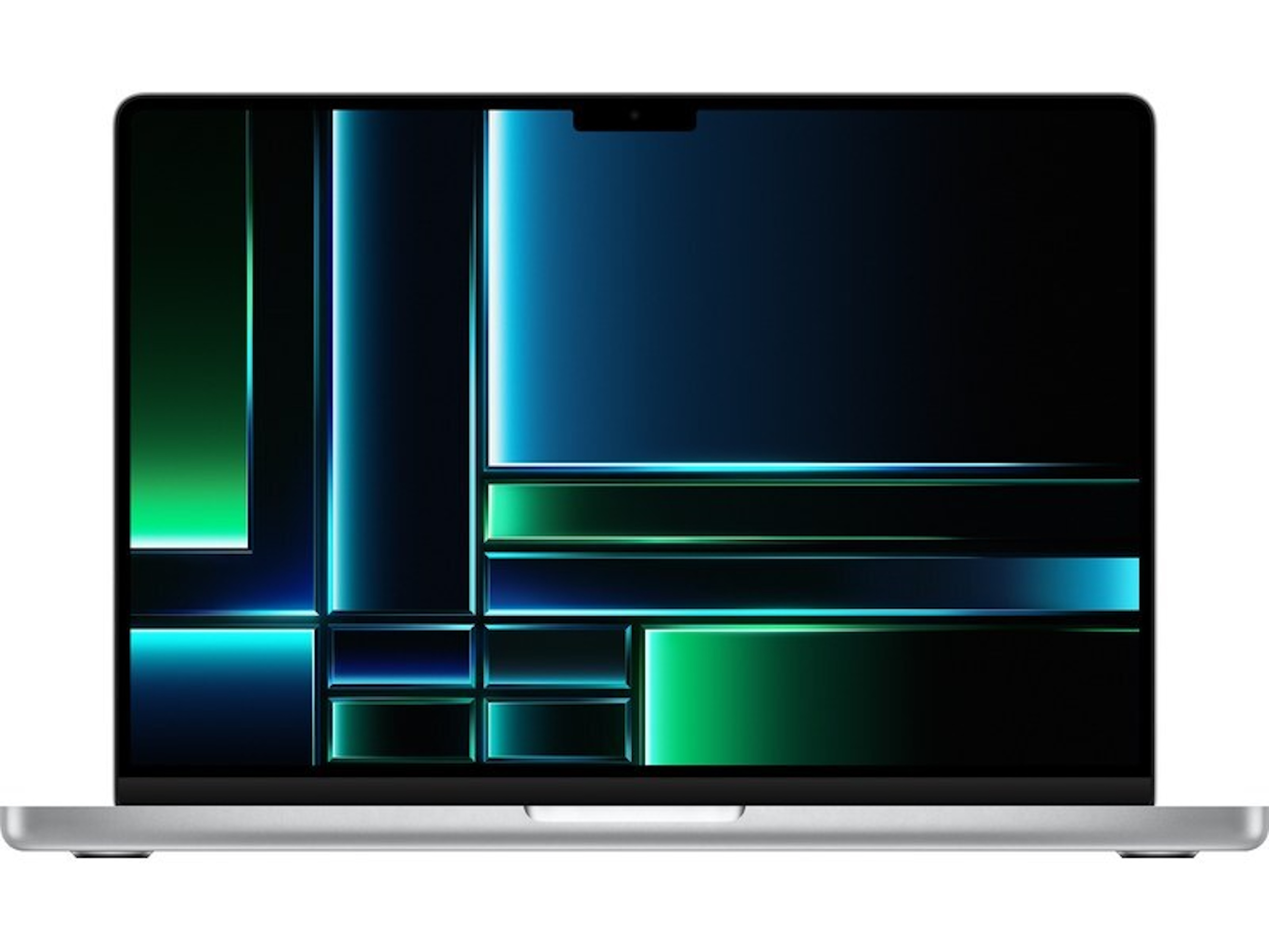 Laptop z żywym ekranem wyświetlającym abstrakcyjny wzór zielonych, niebieskich i czarnych gradientów.