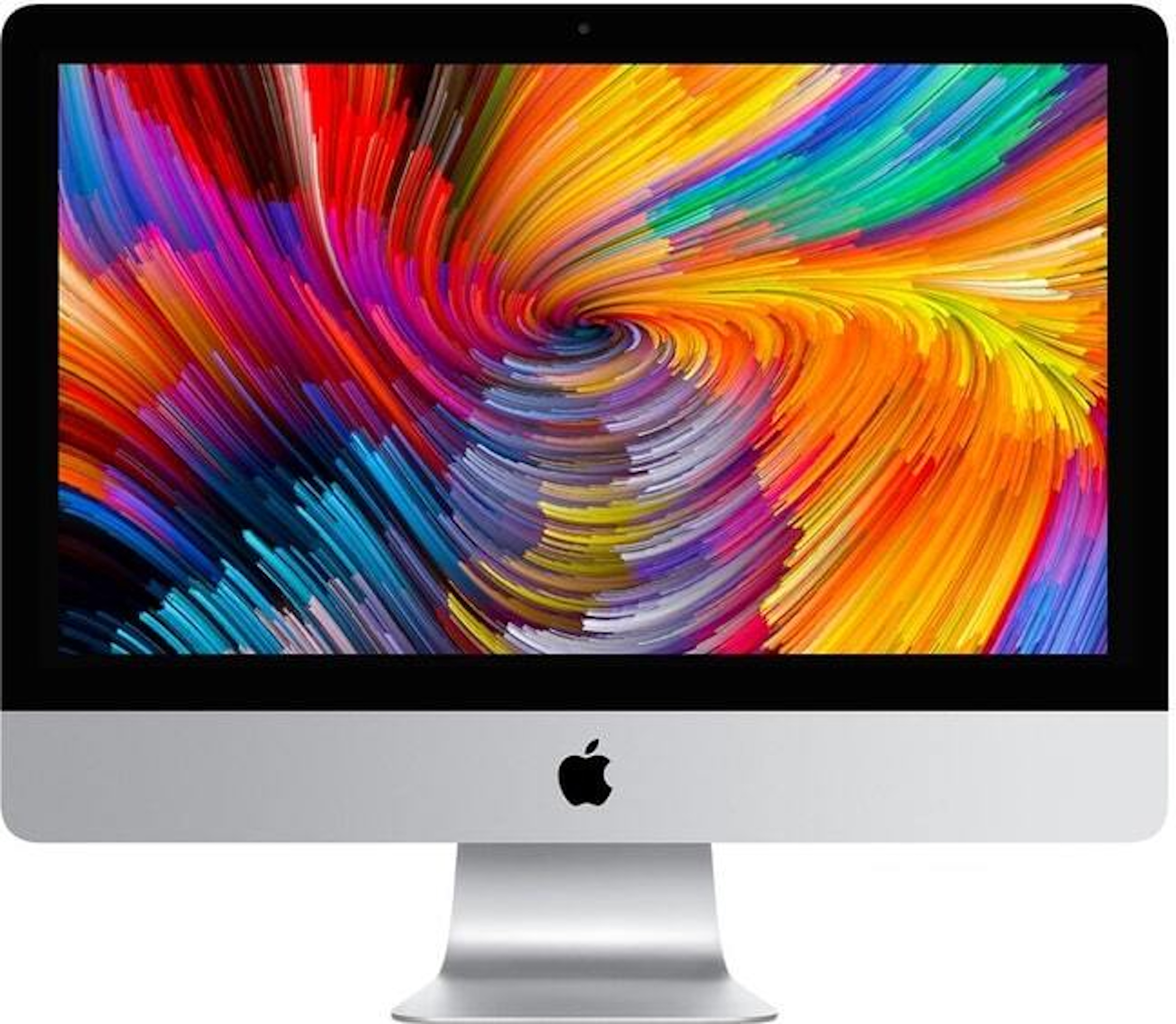 Komputer iMac z ekranem wyświetlającym kolorowy, wirujący abstrakcyjny wzór. Podstawa i ramka są srebrne i czarne.