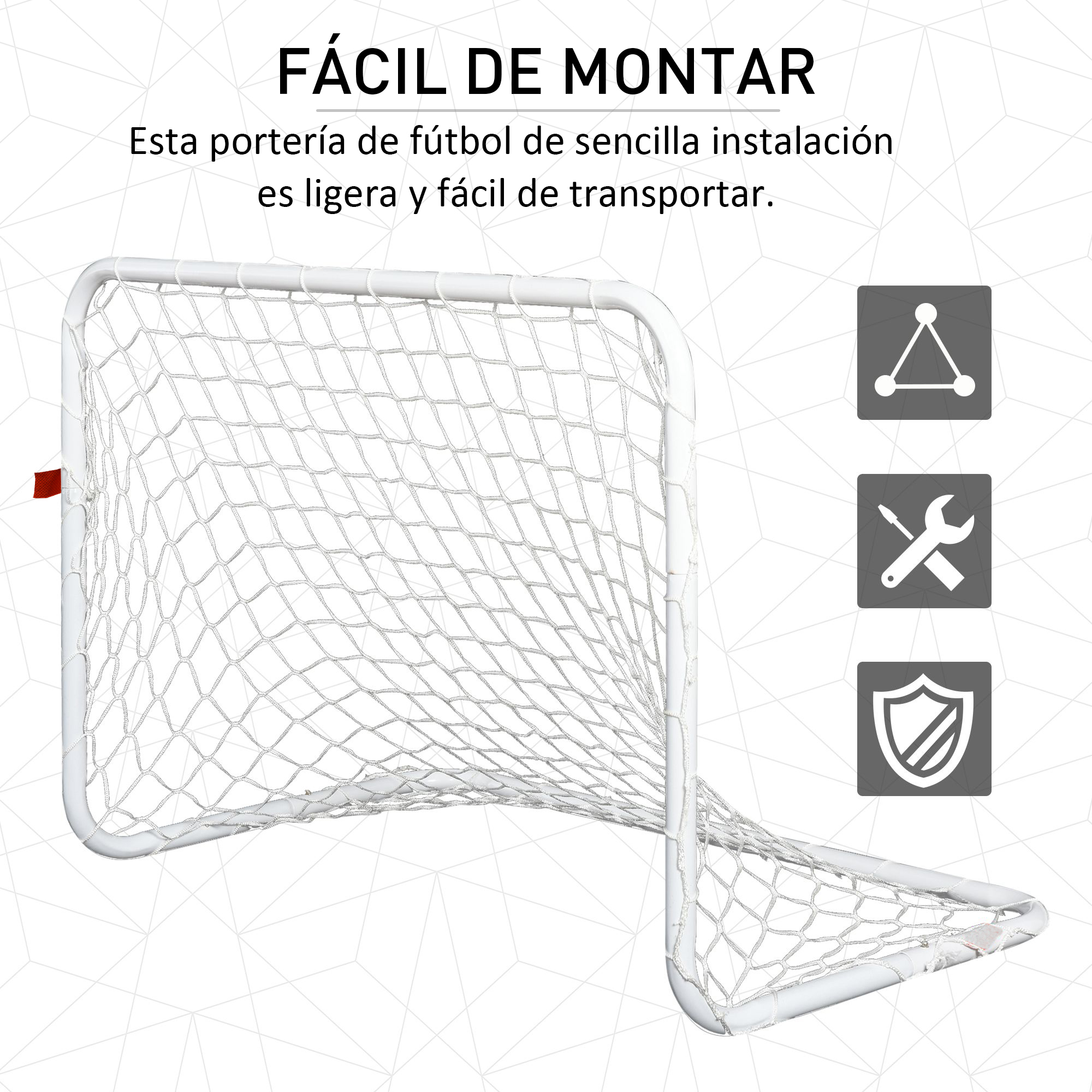 Se muestra una portería de fútbol blanca con una red. El texto de arriba dice 'Fácil de montar'. Tres iconos están en el lado derecho.