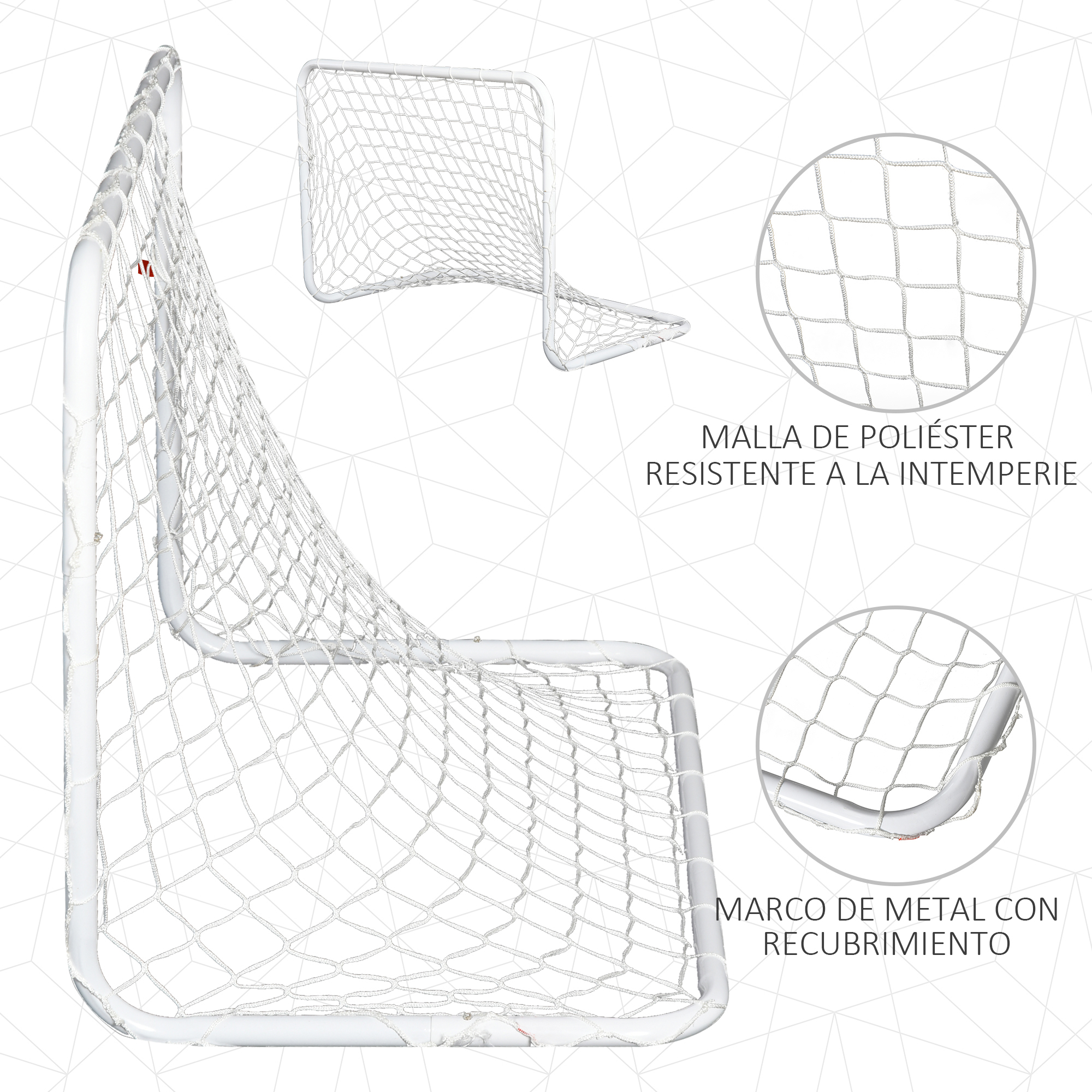 Una portería de fútbol blanca con una red blanca. La portería es de metal y tiene una red de poliéster duradera.