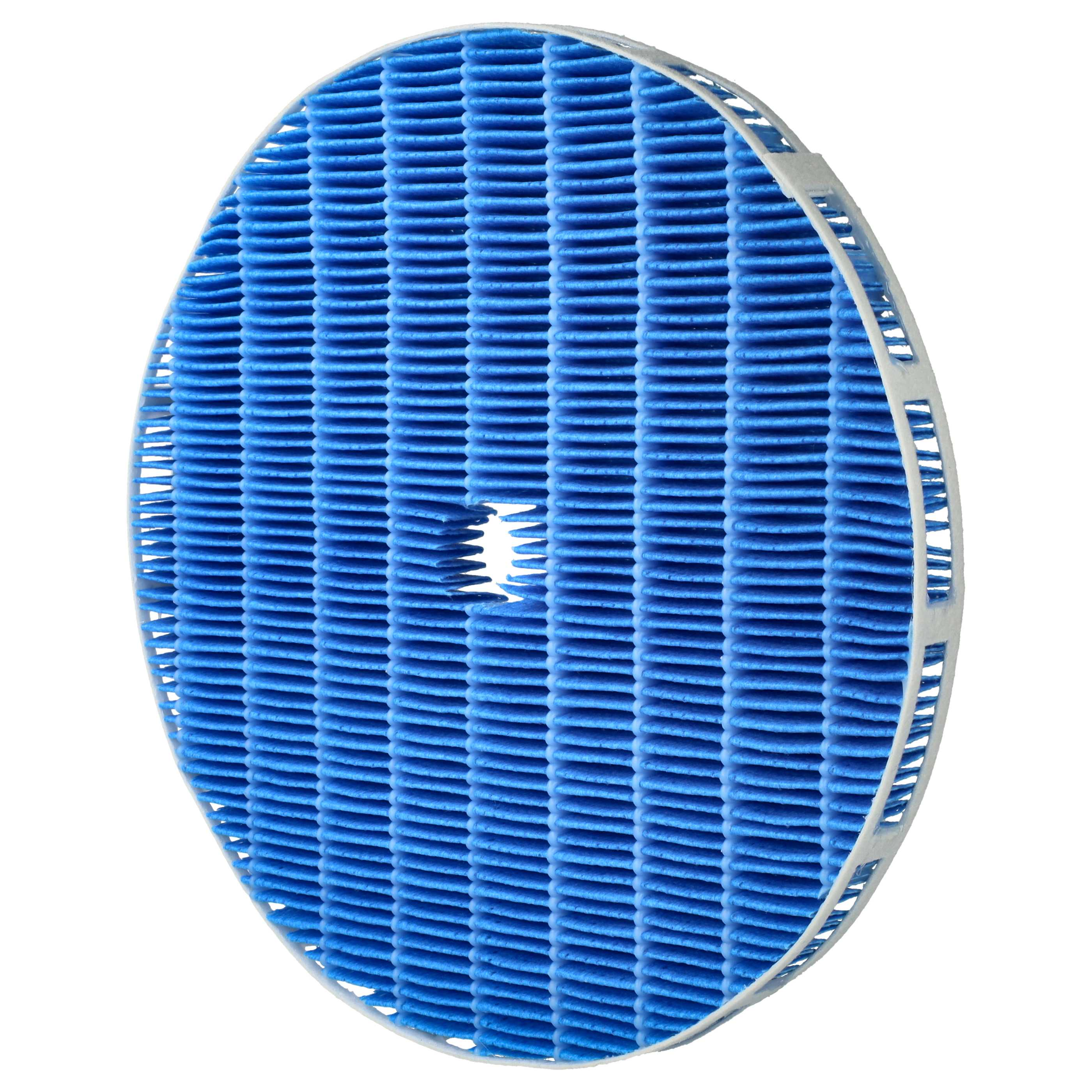Ein blauer Luftfilter mit weißem Rahmen. Es hat eine gitterartige Struktur mit einem Loch in der Mitte.