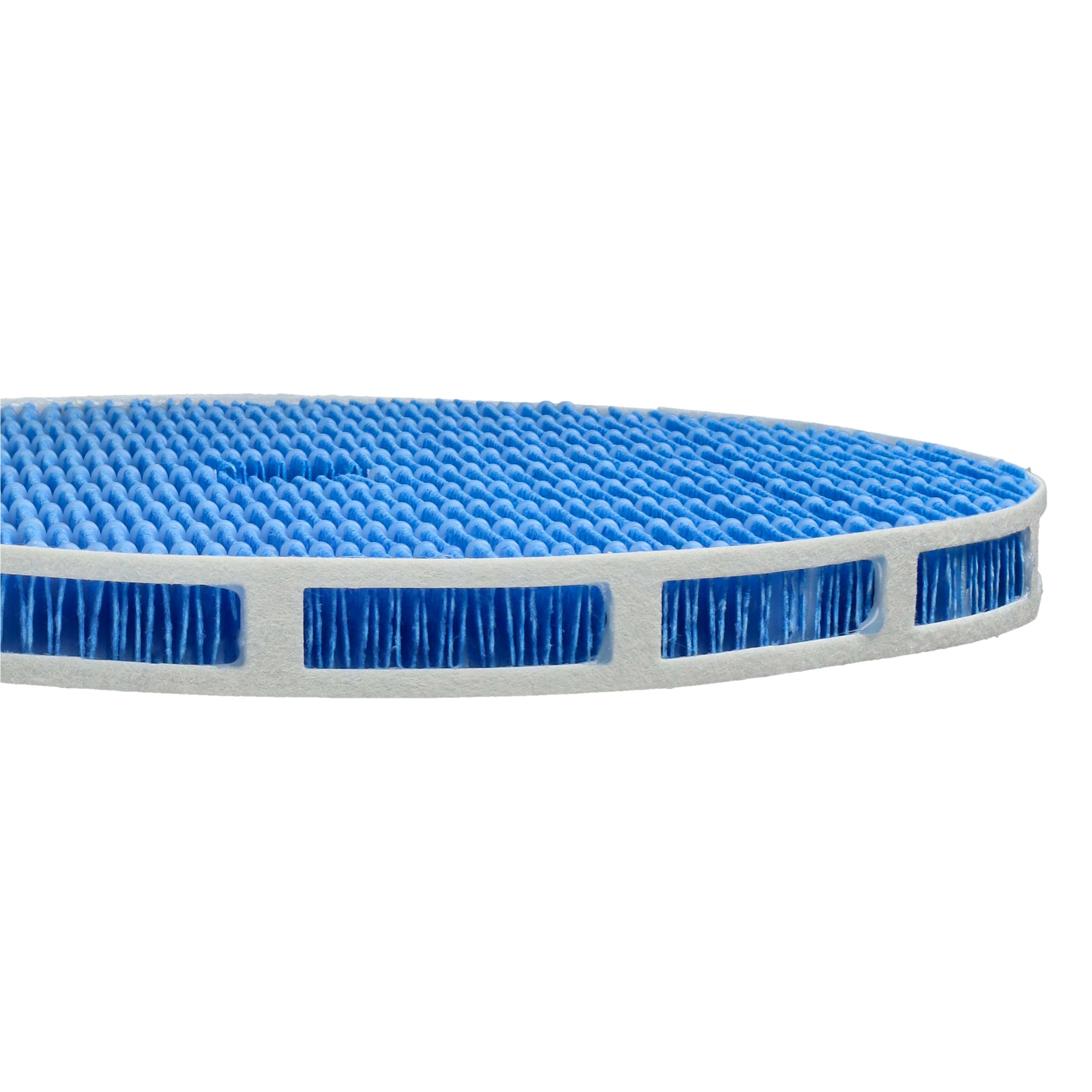 Ein runder Luftfilter, überwiegend blau mit weißem Rahmen. Der Filter hat eine strukturierte Oberfläche und vor weißem Hintergrund.
