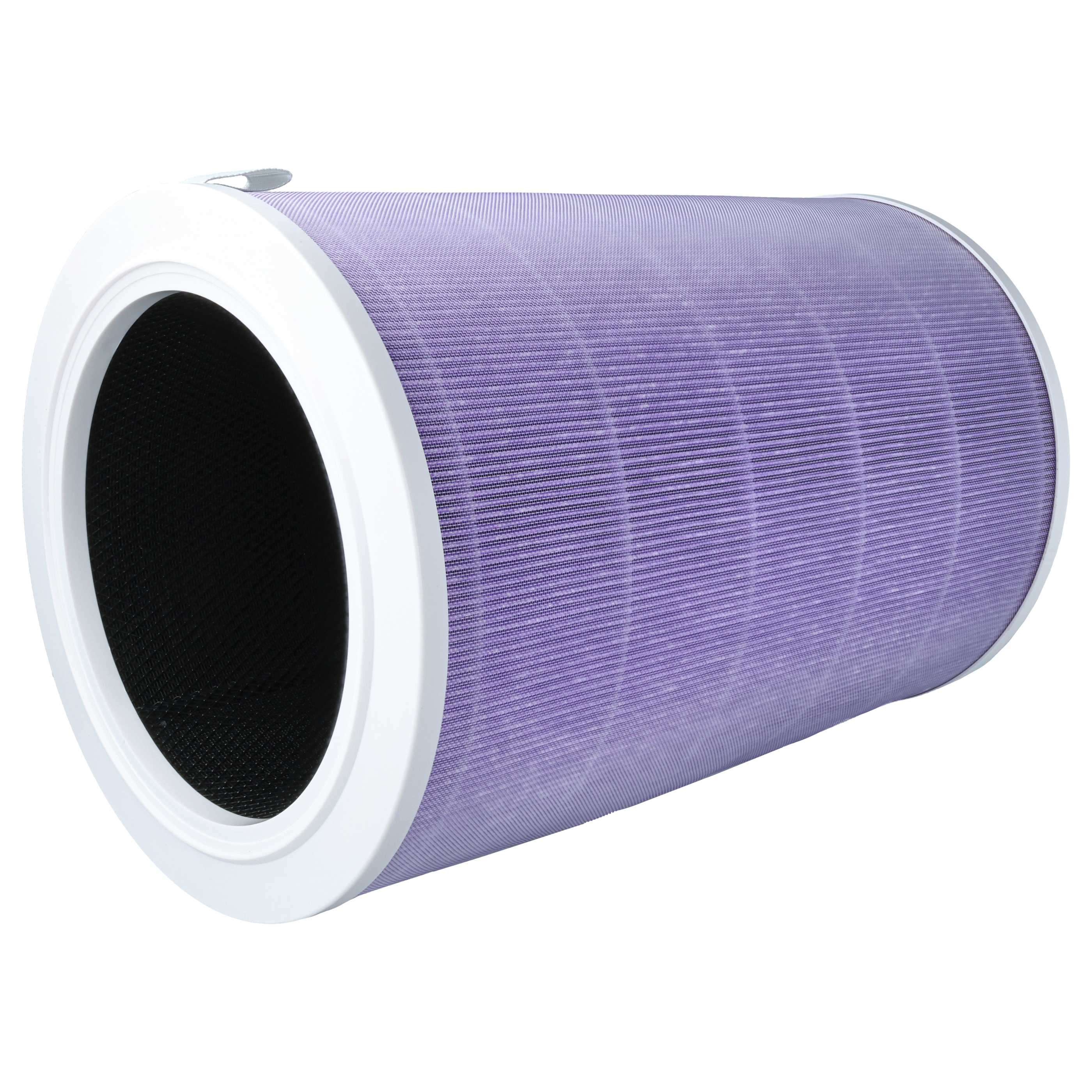 Zylindrischer Luftfilter mit weißem Rahmen und lavendelfarbenem Filter. Die Mitte ist schwarz.