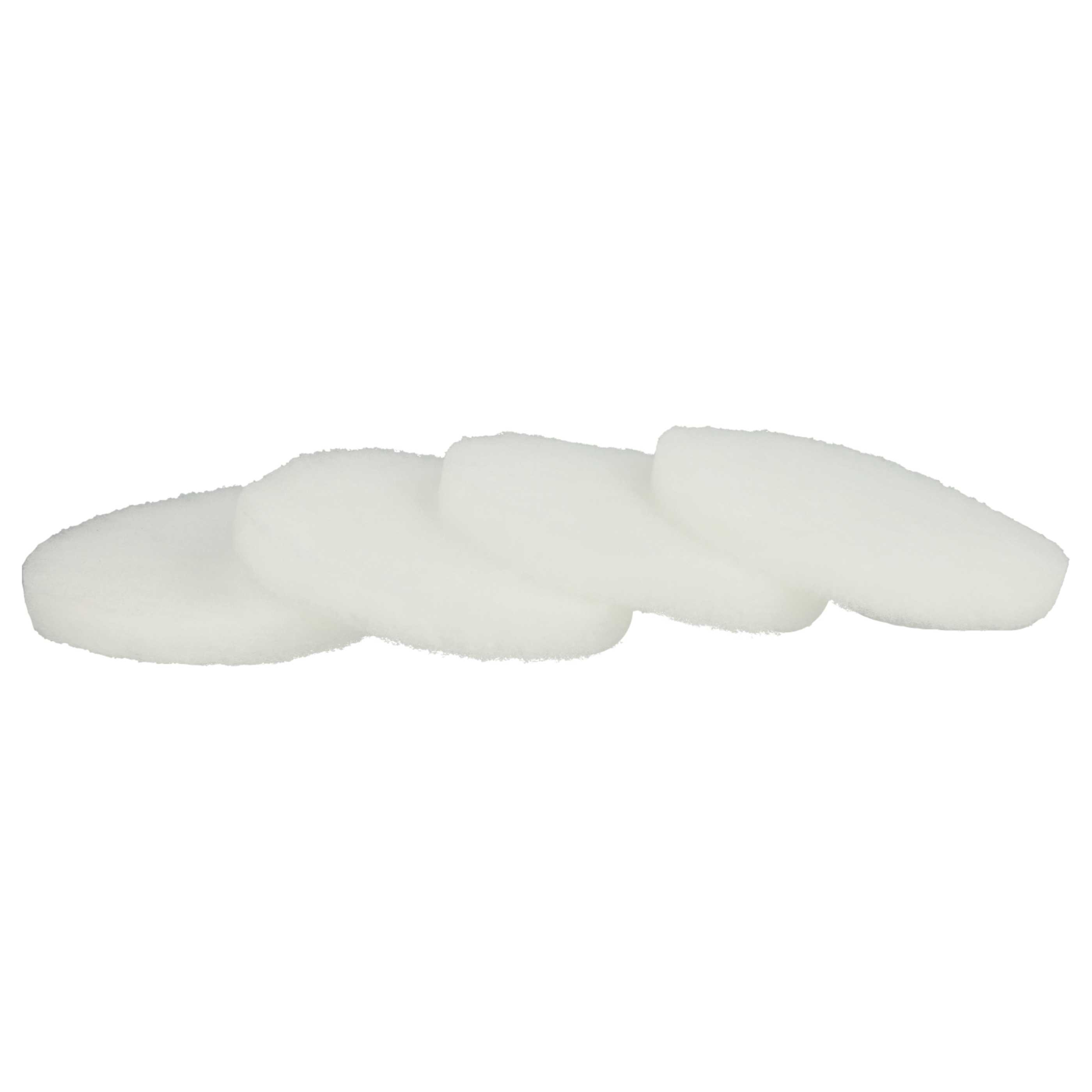 Vier weiße, runde, poröse Pads sind horizontal vor weißem Hintergrund angeordnet. Die Pads liegen eng beieinander.