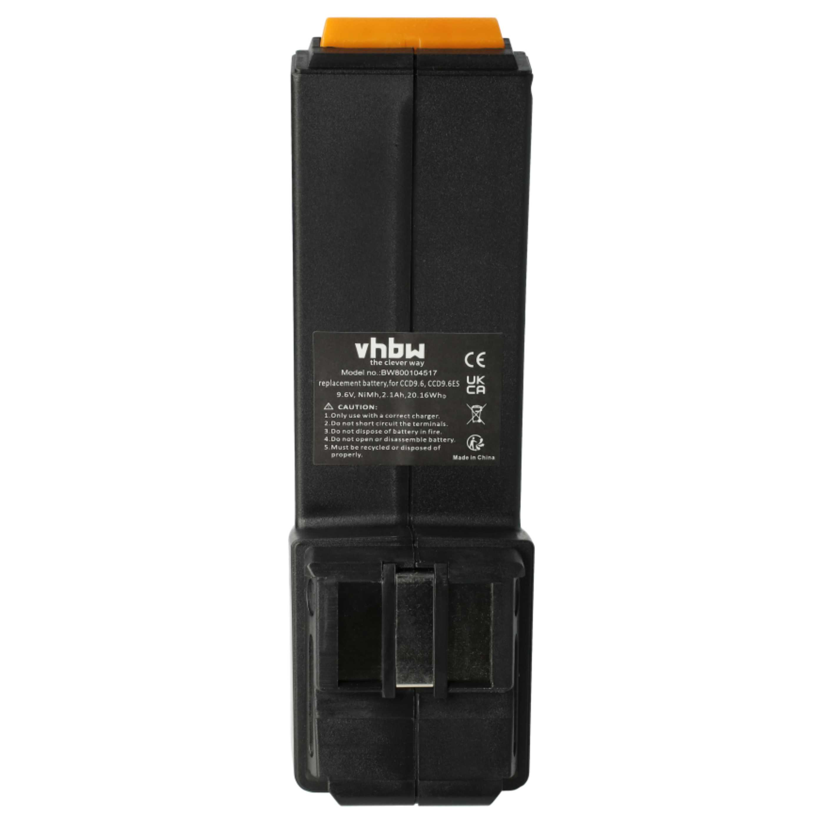 Schwarzer Akku mit orangefarbenem Oberteil. Text: vhbw, Modellnummer, Warnhinweise und Made in China.