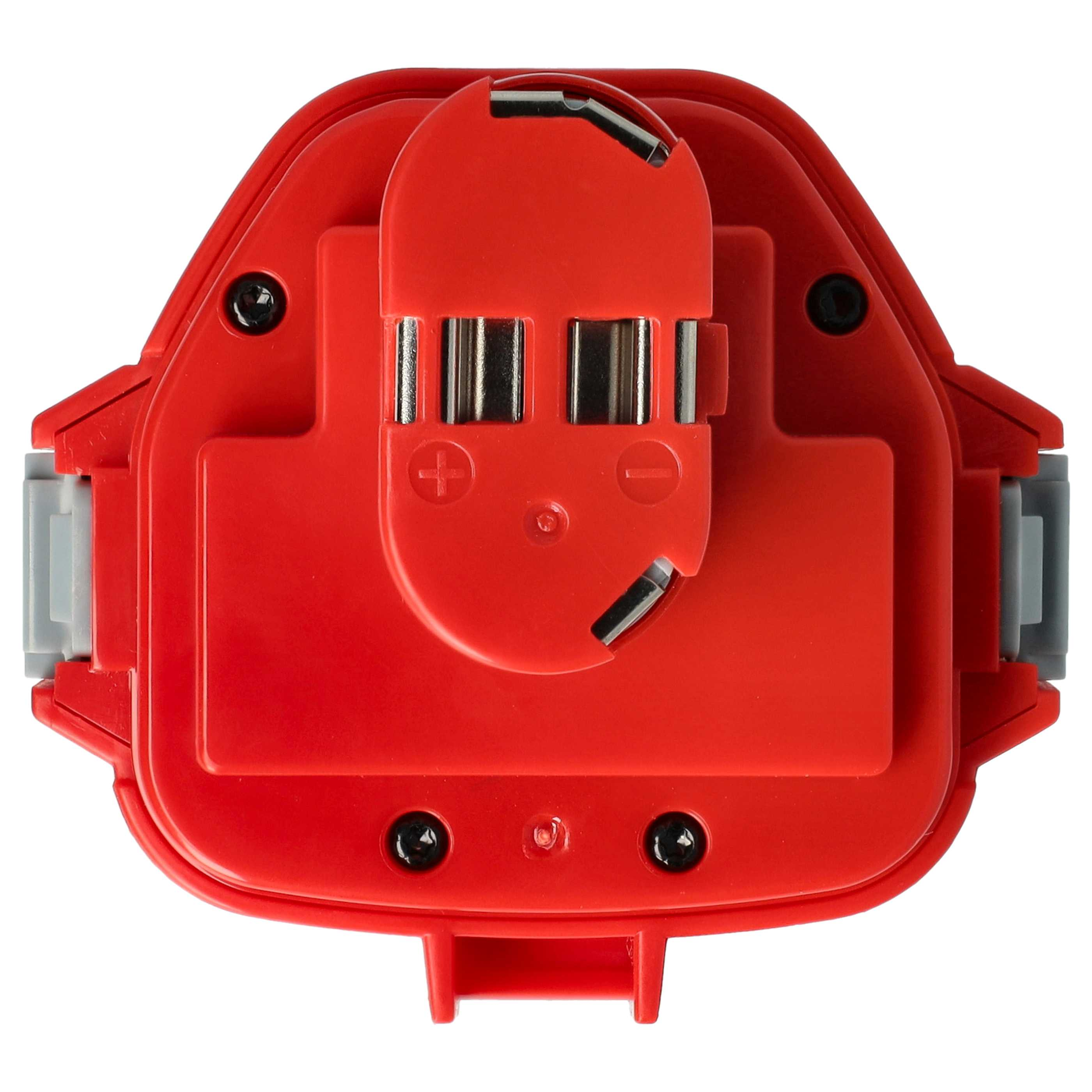 Ein roter Elektrowerkzeug-Akku mit schwarzen Schrauben und grauen Laschen. Der Akku hat ein Plus- und ein Minus-Symbol.