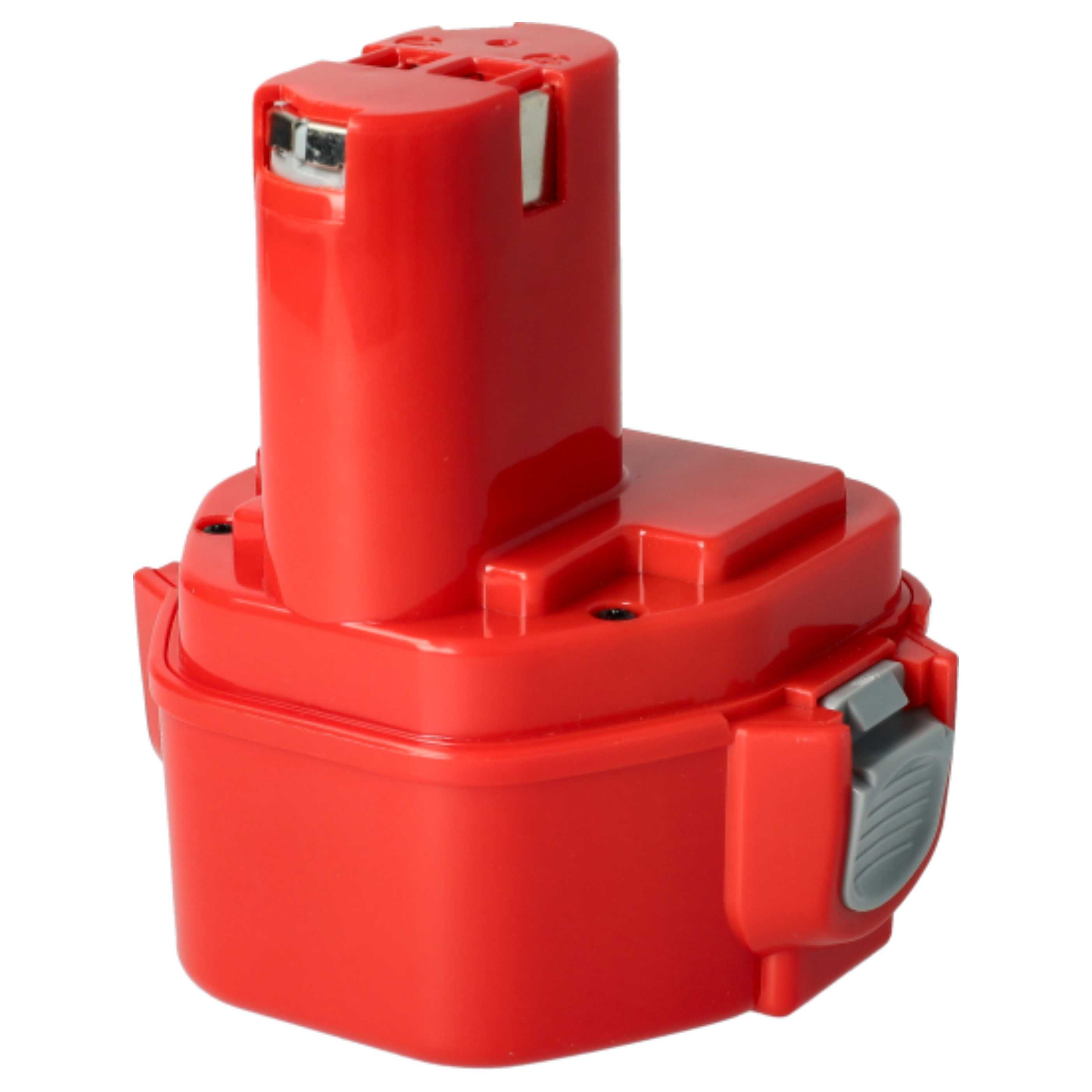 Ein roter Elektrowerkzeug-Akku mit grauem Knopf und silbernen Metallakzenten. Er liegt auf weißem Grund.