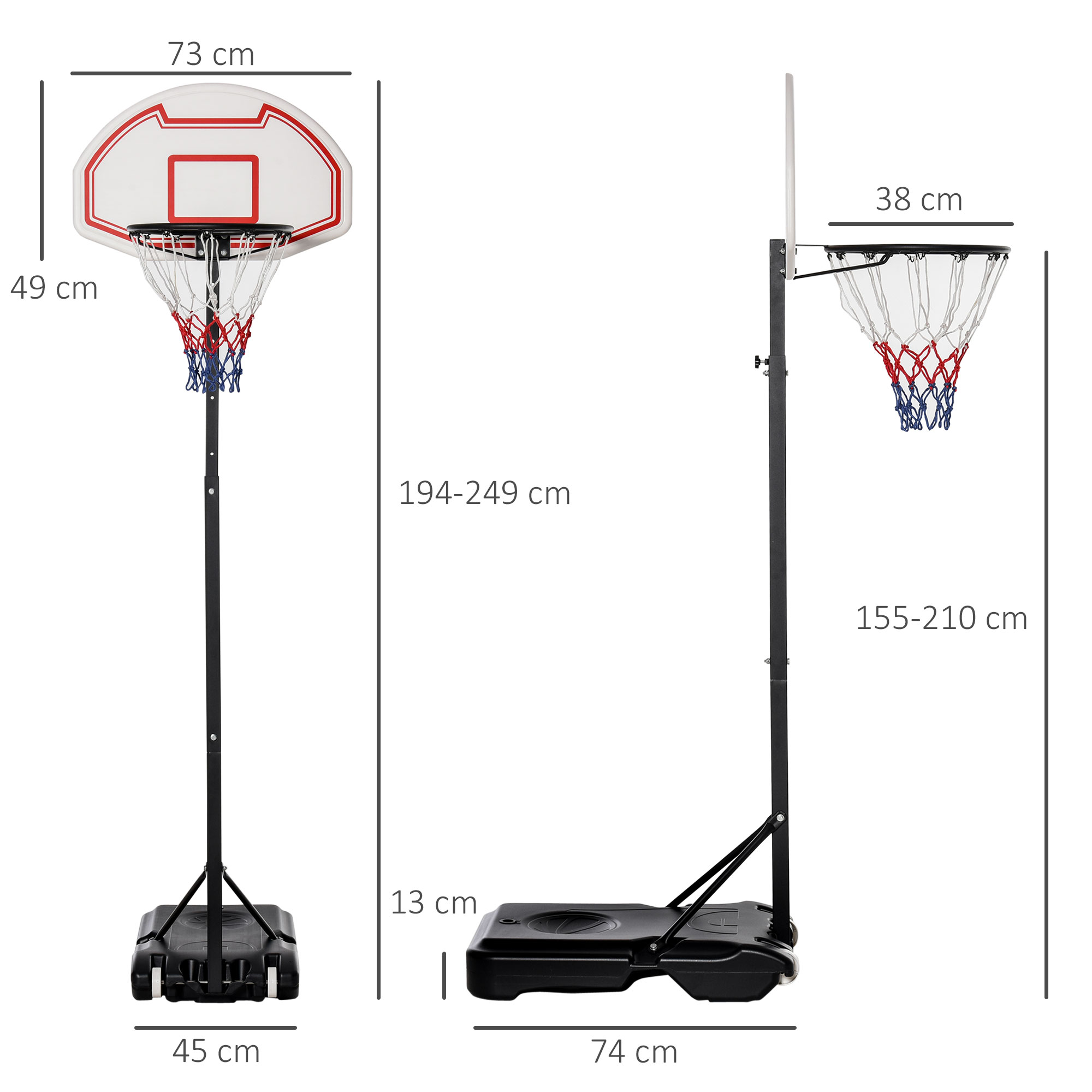 Cesta de baloncesto con medidas indicadas. Incluye tablero, red y poste ajustable. Las dimensiones se muestran en centímetros.