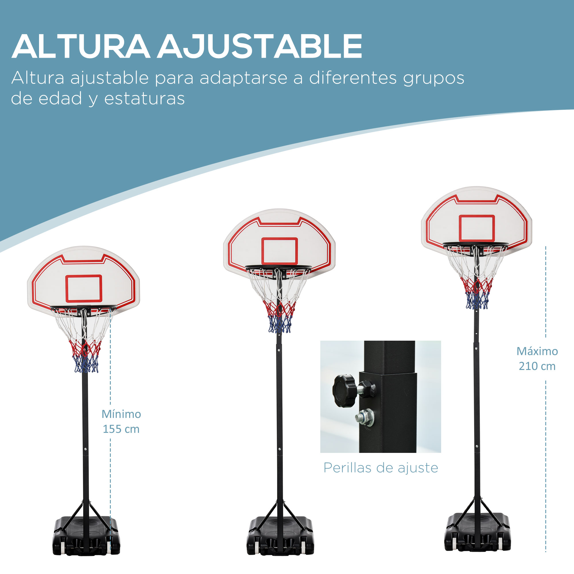 Tres canastas de baloncesto ajustables. La imagen muestra la altura mínima y máxima de los aros. Se ven perillas de ajuste.