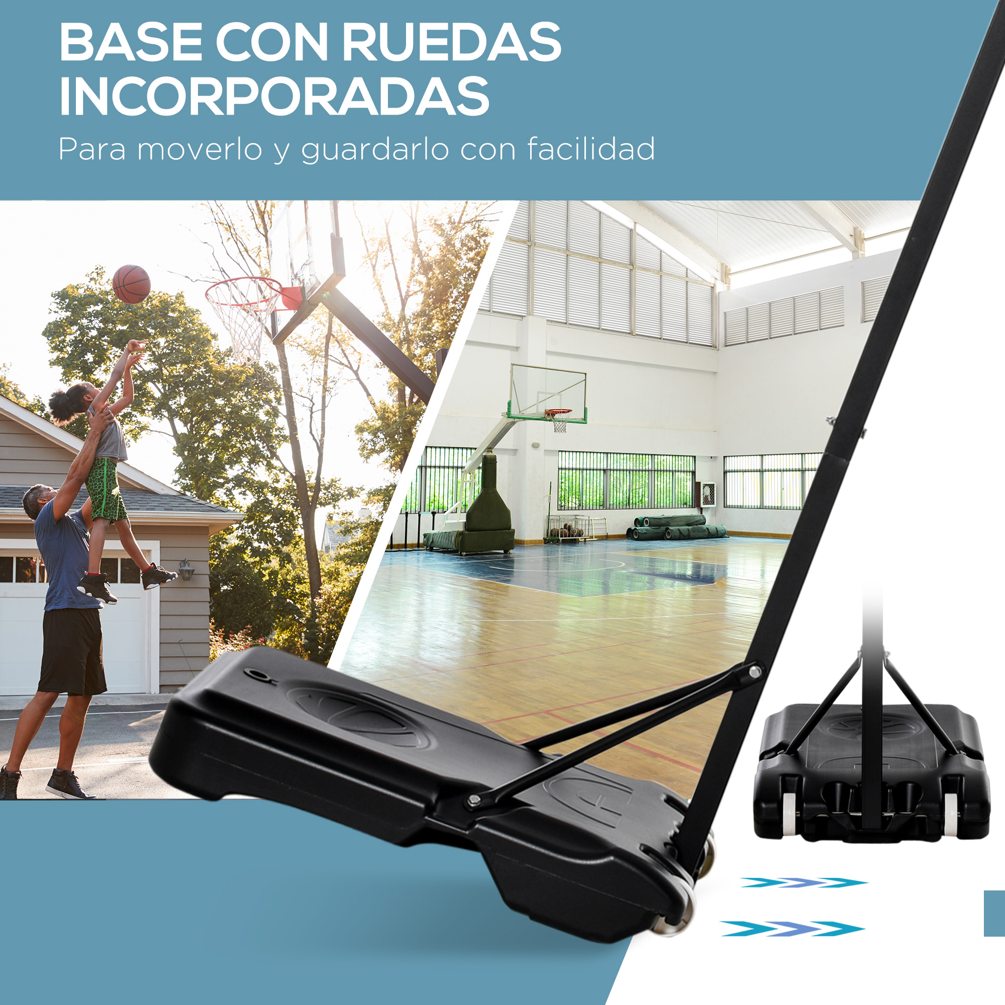 Se muestra un aro de baloncesto con base sobre ruedas. Un hombre ayuda a un niño a lanzar una pelota. Al fondo, una cancha de baloncesto.