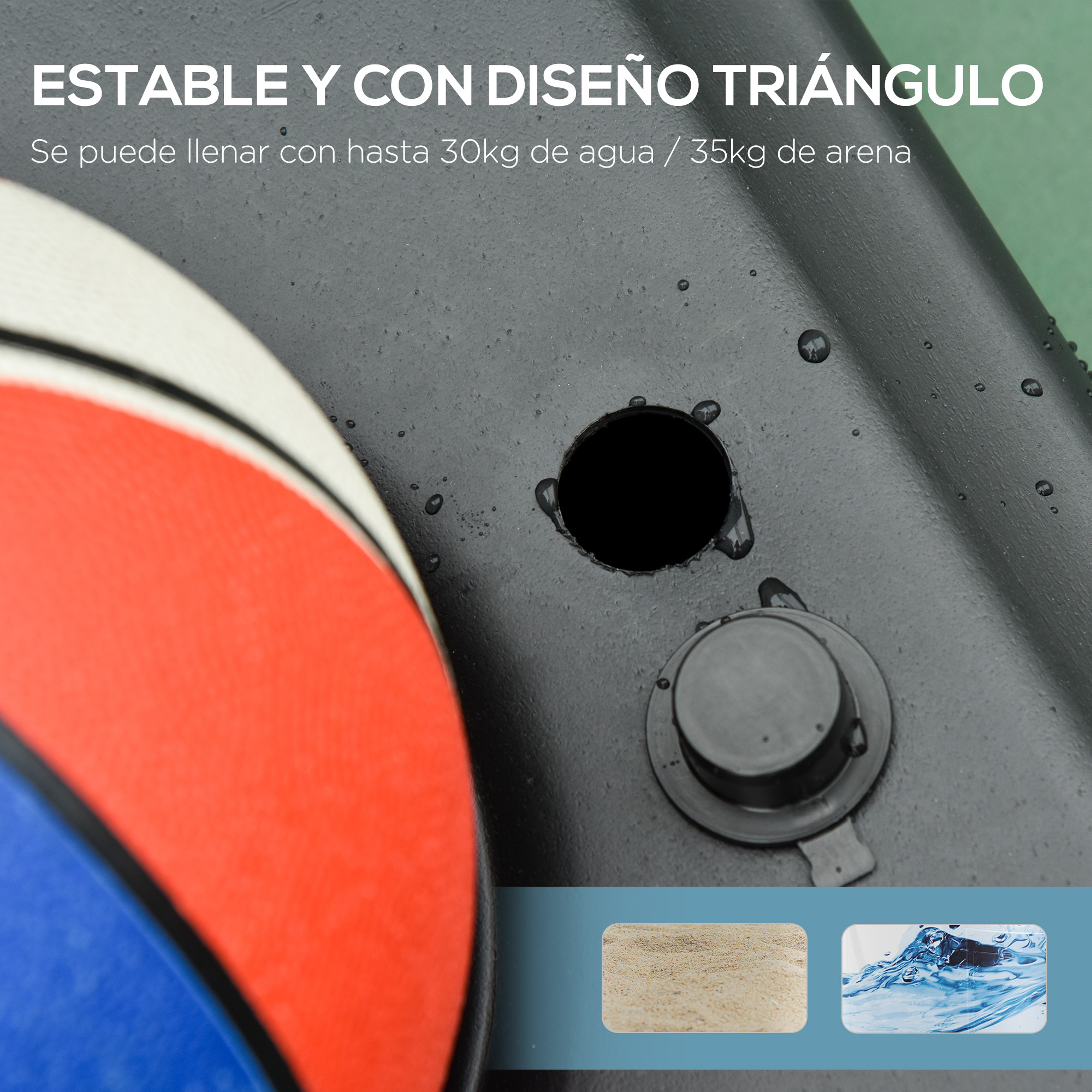 Primer plano de un objeto negro con un agujero y un objeto rojo, blanco y azul. Texto en español en la parte superior.