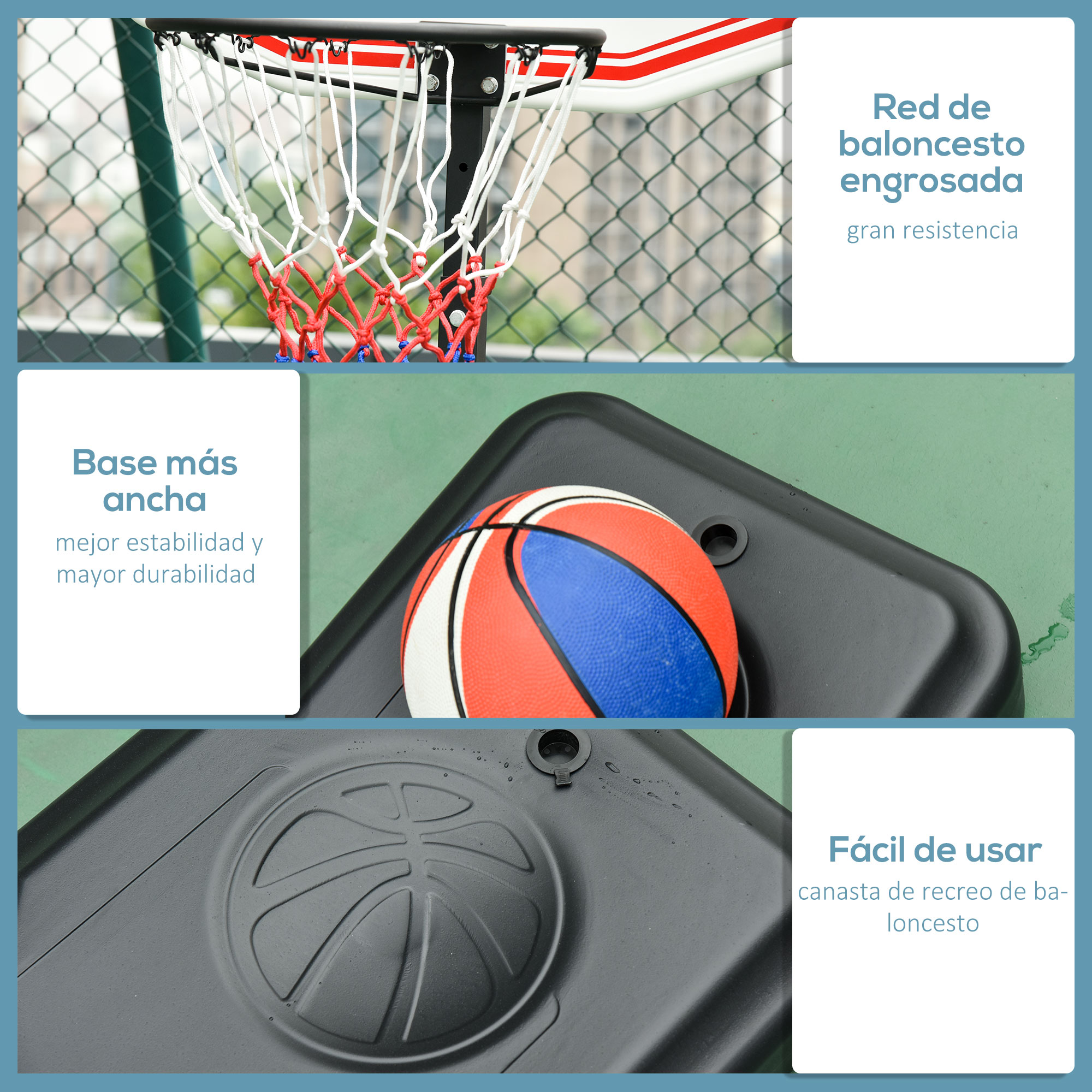 Aro de baloncesto con red, balón y base. La red es roja y blanca. La base es negra. El fondo es una valla de alambre.