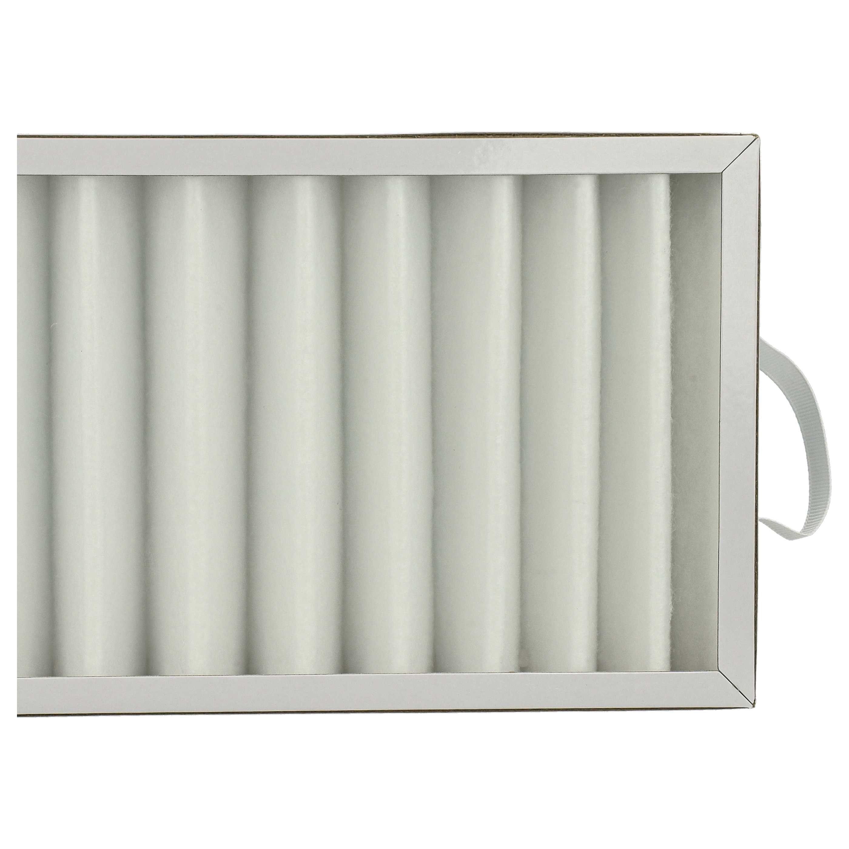Ein Luftfilter mit weißem, plissiertem Filtermaterial in einem weißen Kartonrahmen mit weißem Griff.