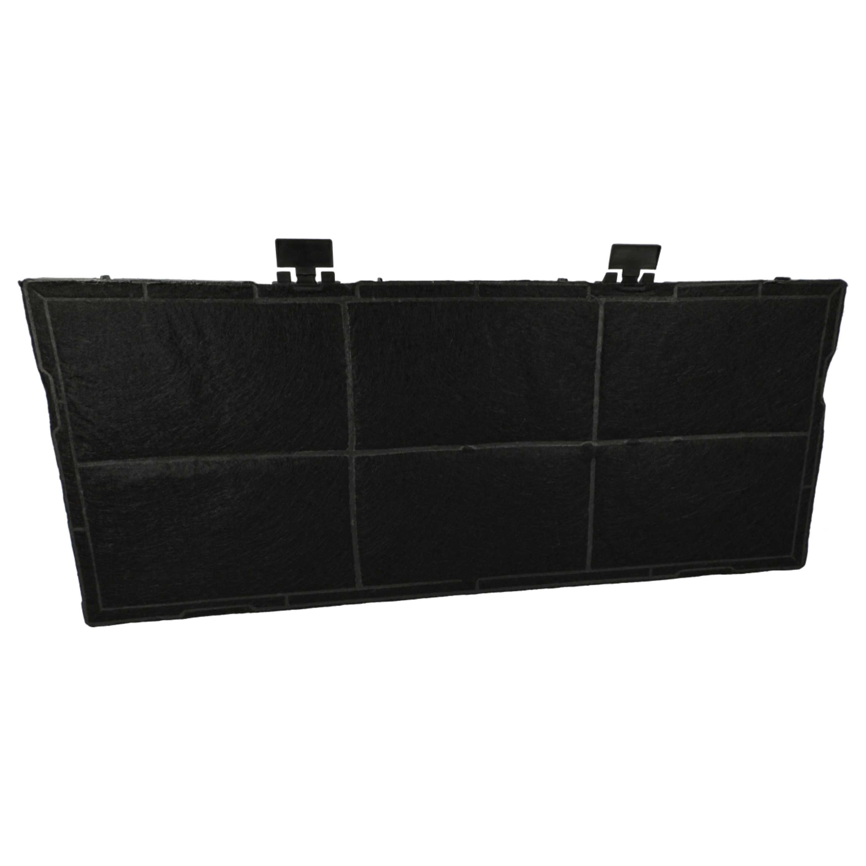Ein schwarzer Luftfilter mit Gittermuster und zwei Clips oben. Der Filter ist rechteckig und vor weißem Hintergrund platziert.