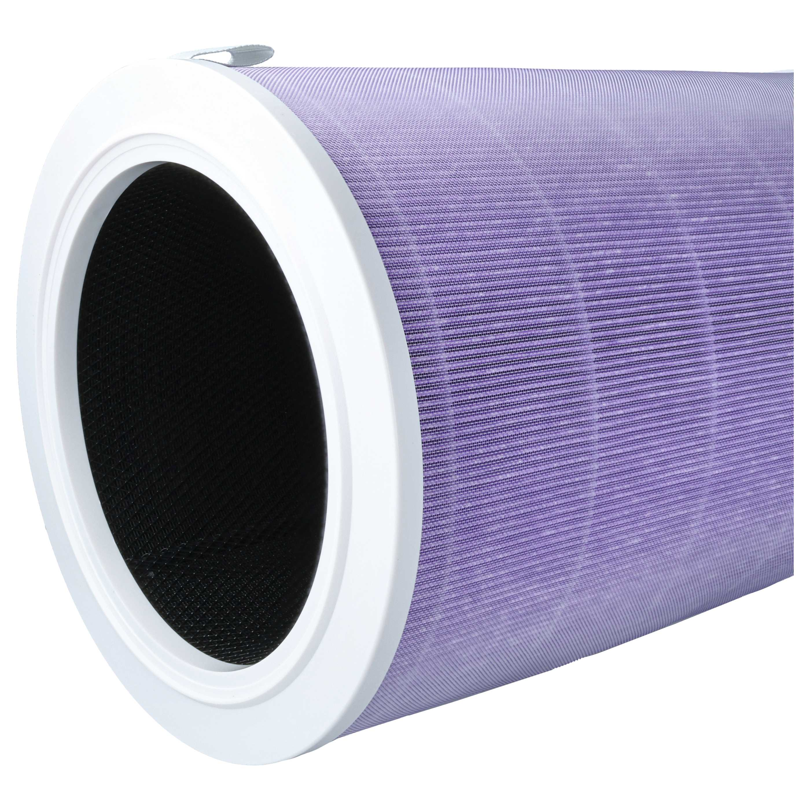 Ein Luftfilter mit weißem Rahmen und violettem Filterelement. Die Mitte ist schwarzes Netz. Ein weißer Hintergrund.