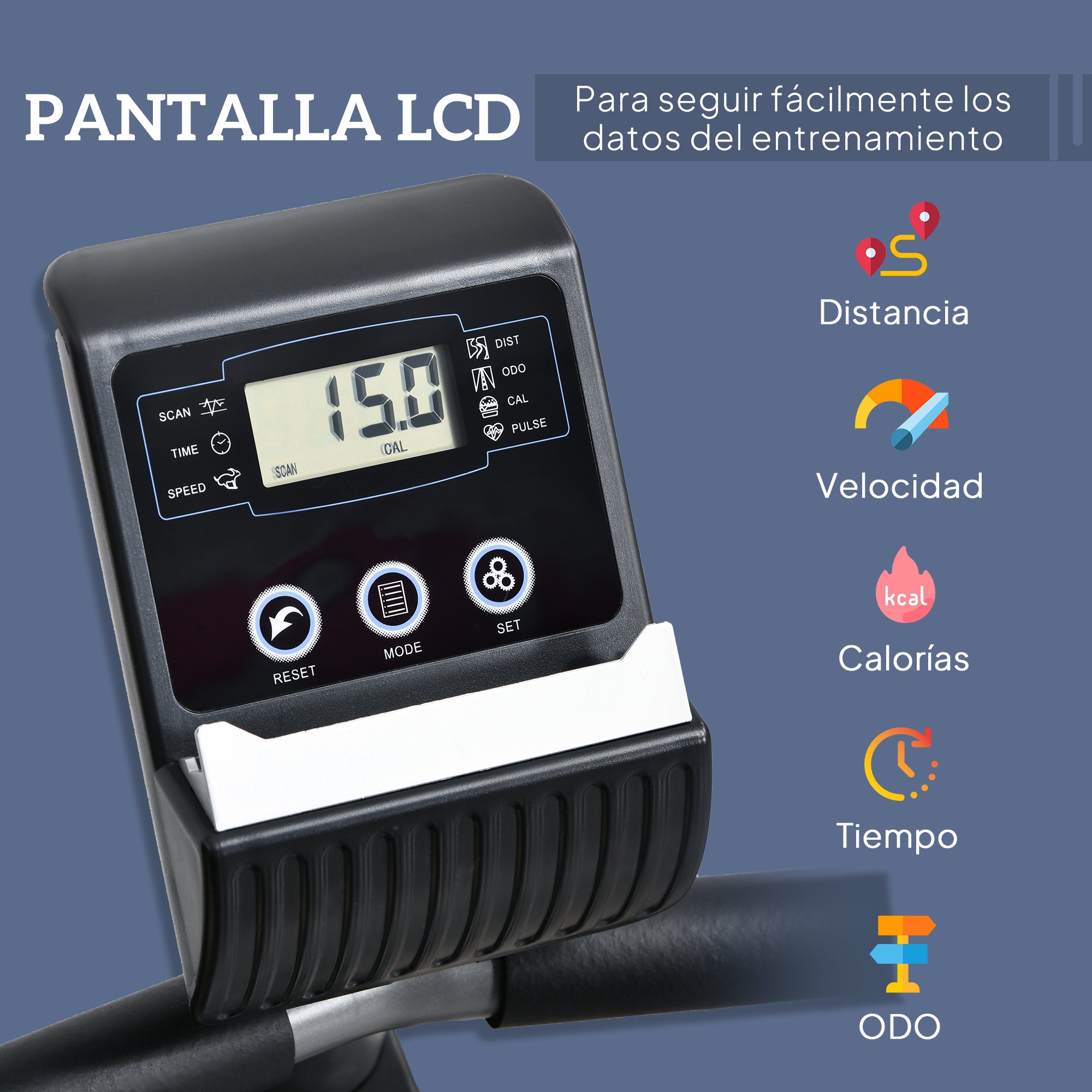 Pantalla LCD de una bicicleta estática que muestra datos de entrenamiento. Muestra distancia, velocidad, calorías, tiempo y ODO. Botones para reset, modo y set.