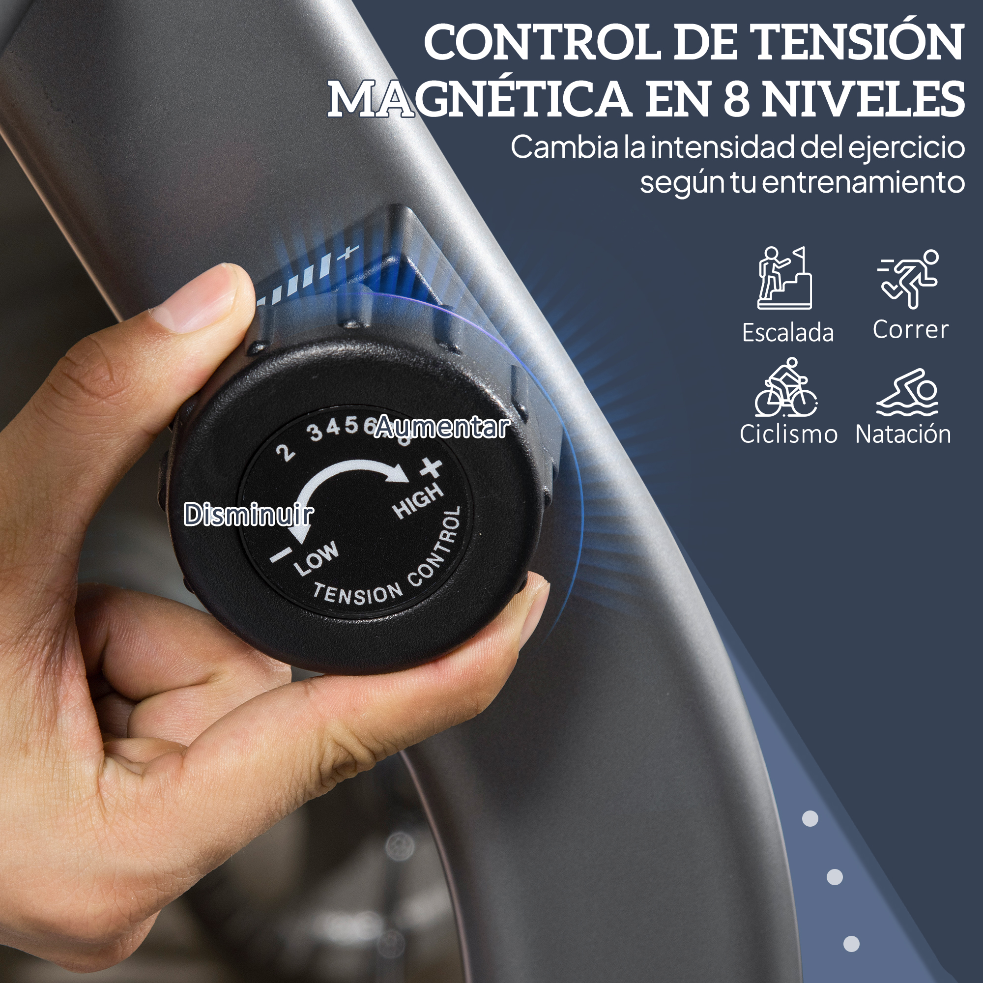 Mano ajustando el dial de resistencia en la máquina de ejercicios. El texto dice 'Control de tensión magnética en 8 niveles'.