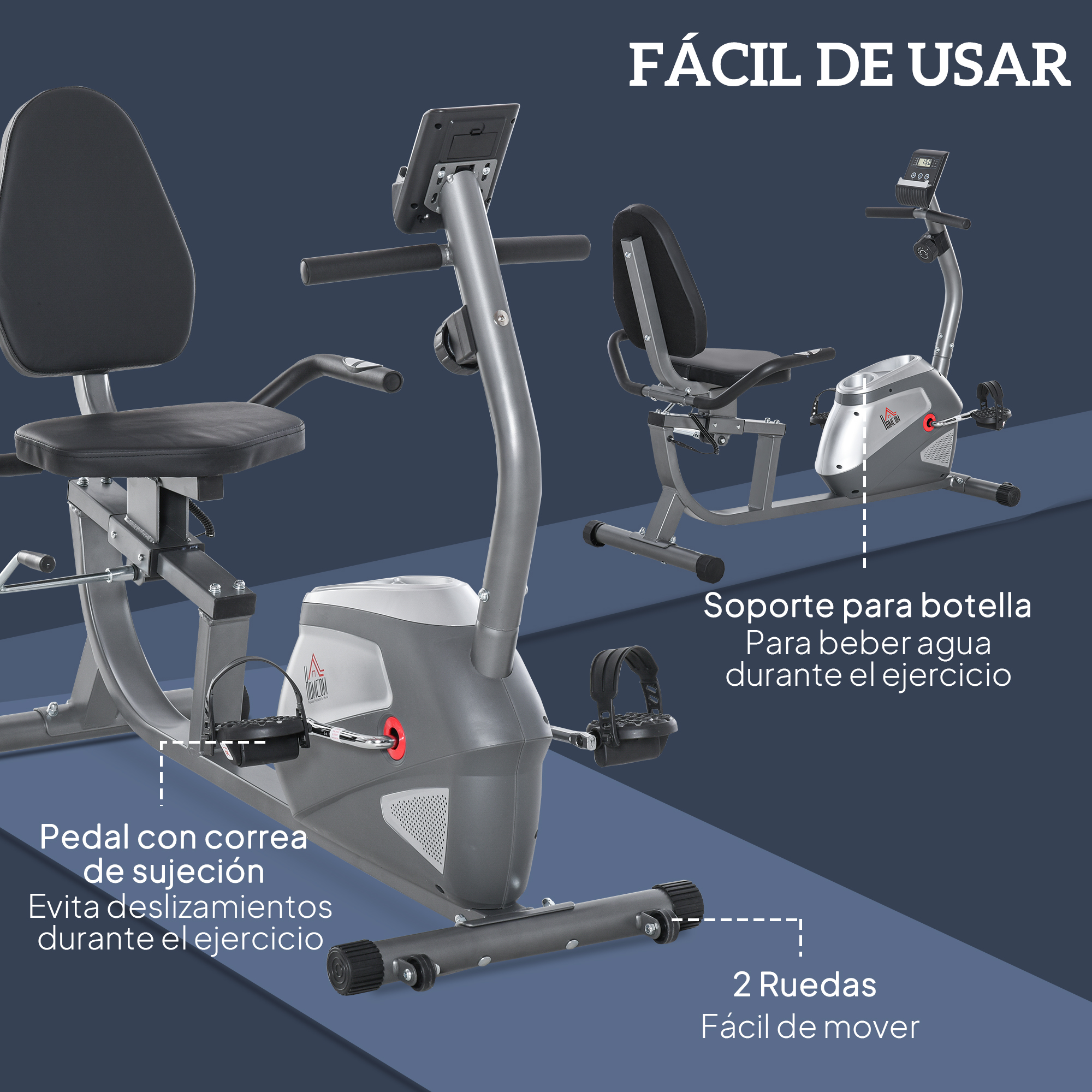 Una bicicleta estática con asiento, pedales y pantalla. El texto destaca características como correas de pedales, portabotellas y ruedas.