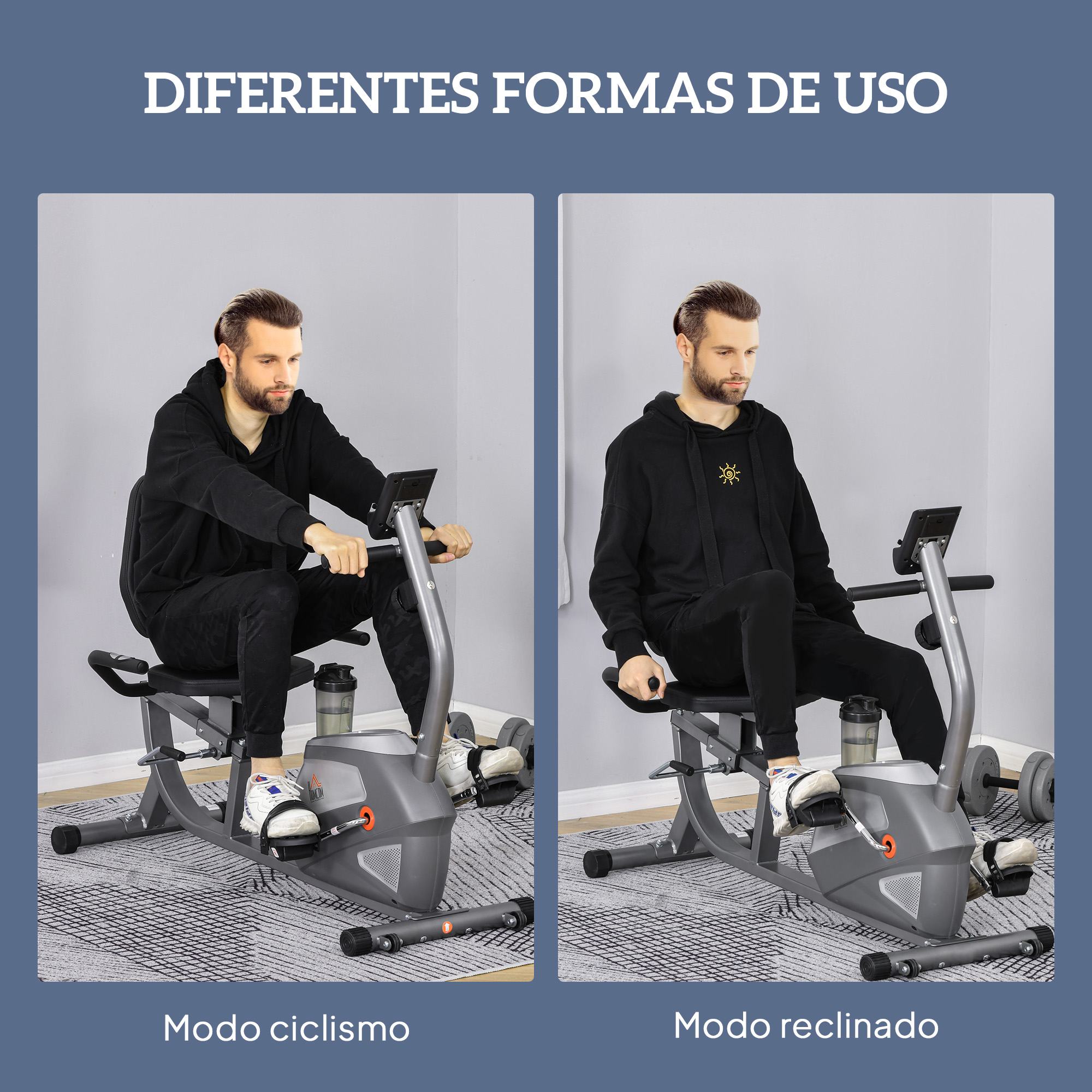 Dos hombres en bicicletas estáticas. Uno erguido, el otro reclinado. Ambos visten de negro y usan bicicletas grises.
