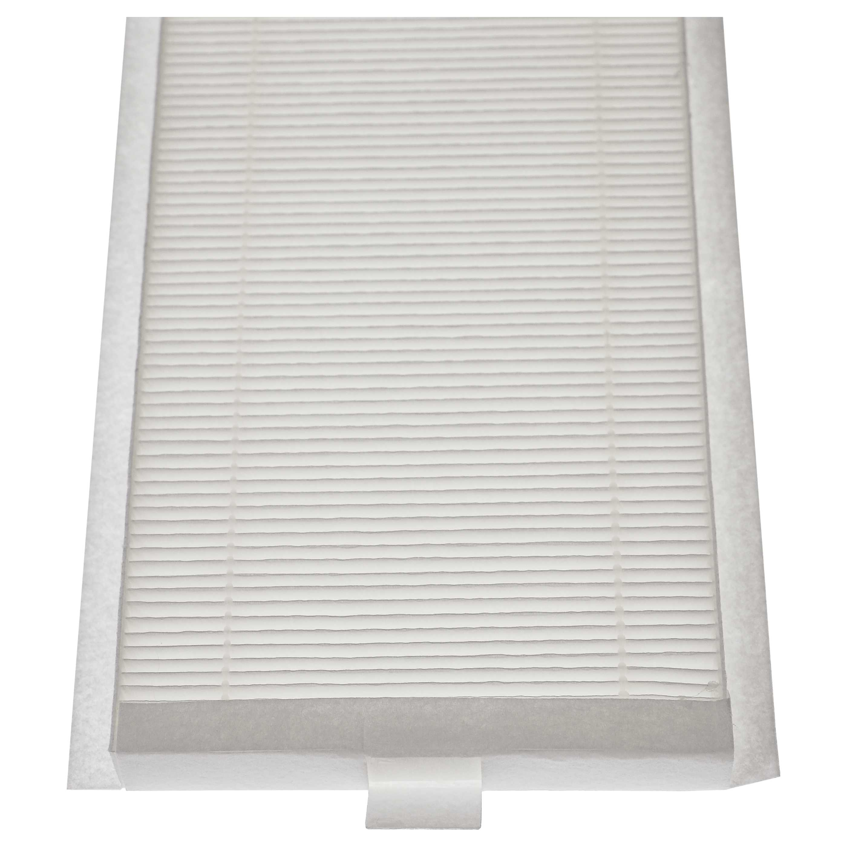 Ein weißer Luftfilter mit plissiertem Design wird angezeigt. Der Filter ist rechteckig, umrahmt mit weißem Material.