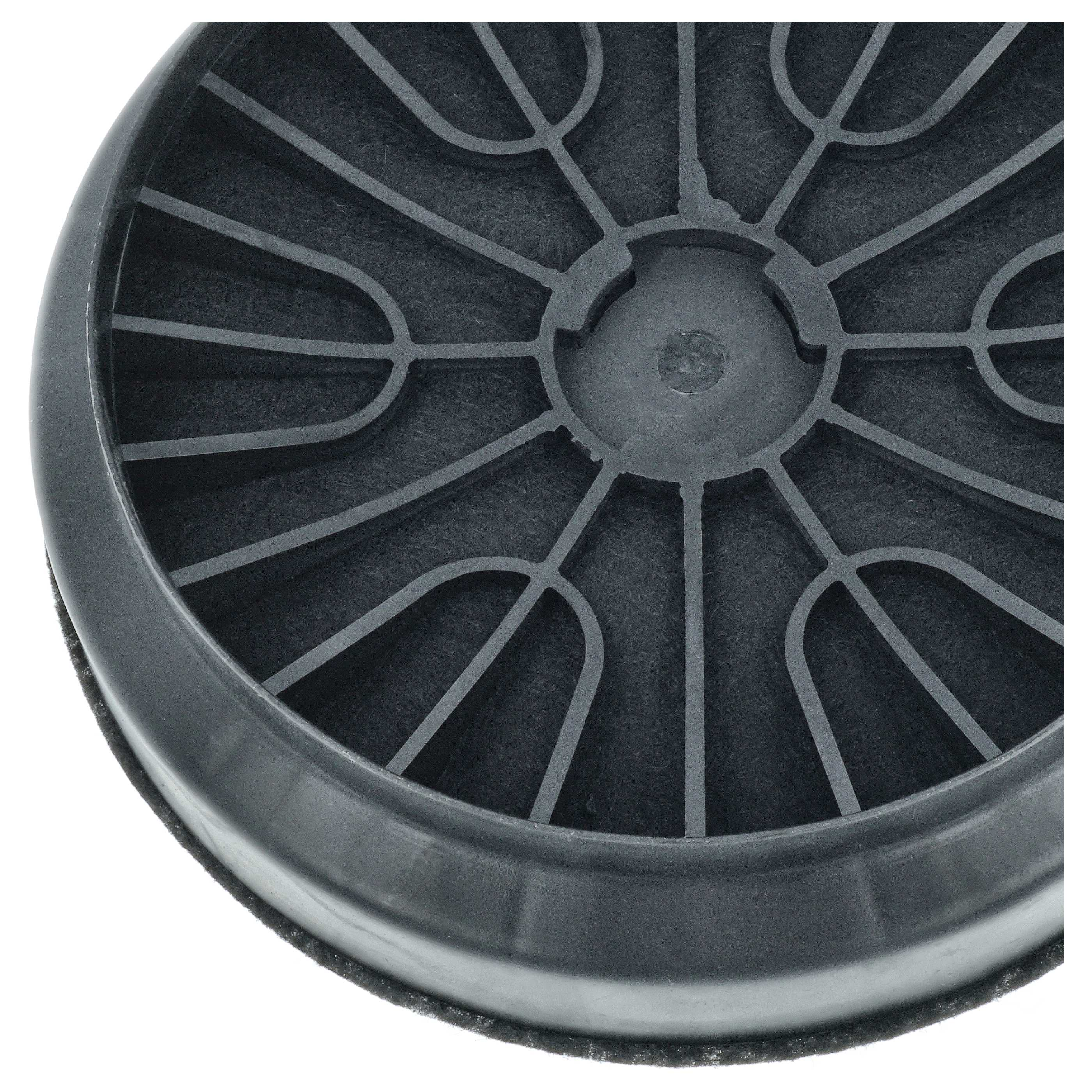 Nahaufnahme eines schwarzen, kreisförmigen Luftfilters. Er hat eine gitterartige Struktur über einem dunklen Fasermaterial.