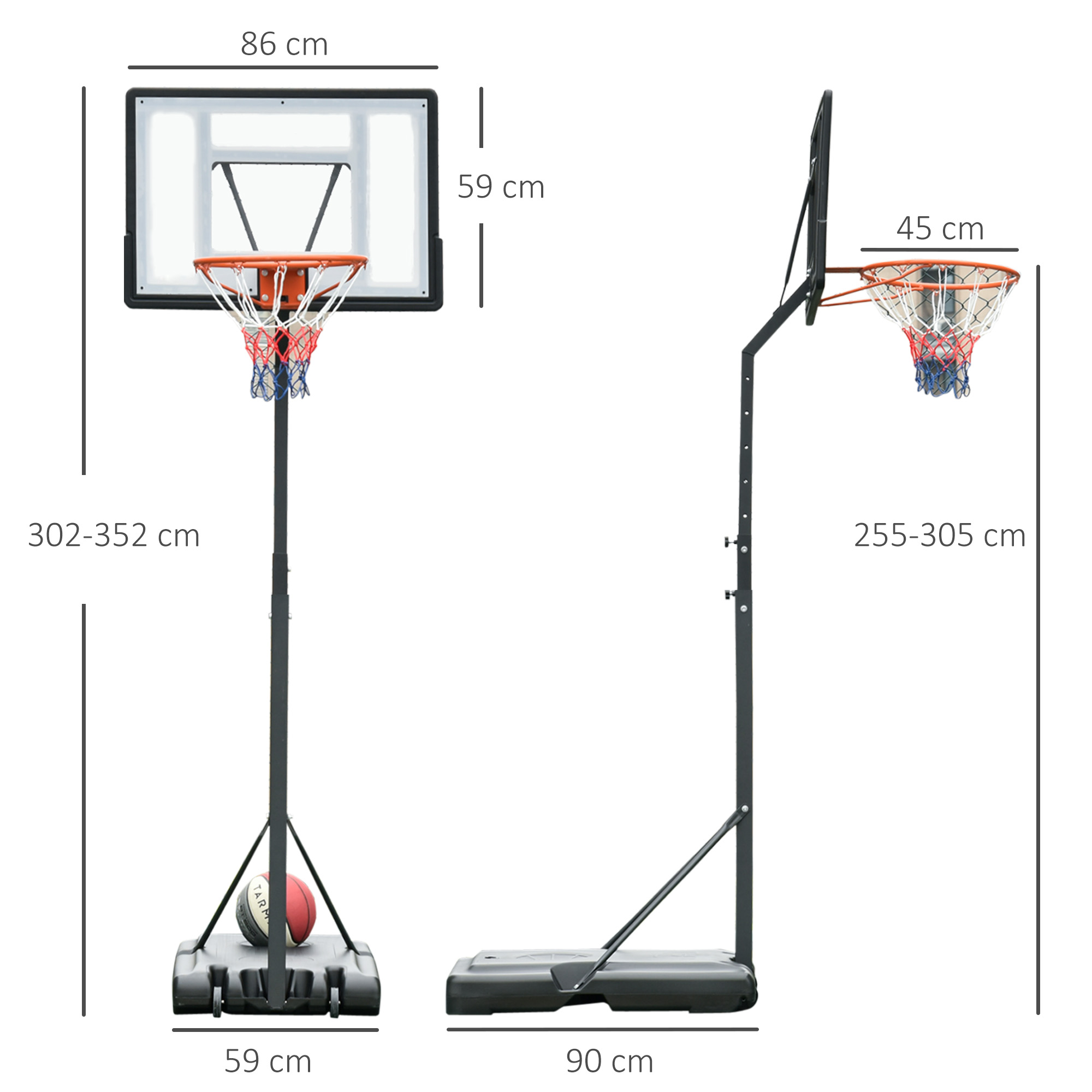 Dos aros de baloncesto. Uno con balón. Se muestran las dimensiones. Los aros tienen tablero, red y poste de soporte.