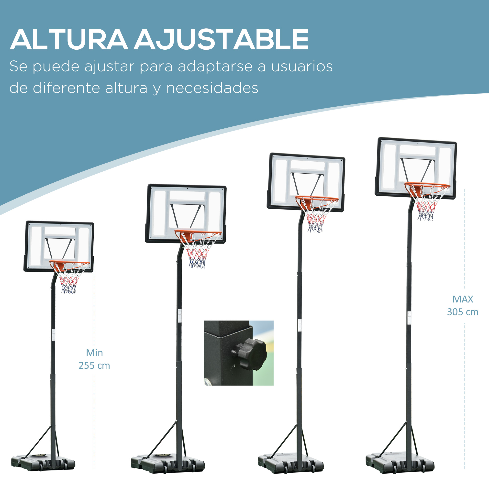 La imagen muestra cuatro canastas de baloncesto a diferentes alturas. El texto dice 'altura ajustable' y 'Min 255cm, Max 305cm'.