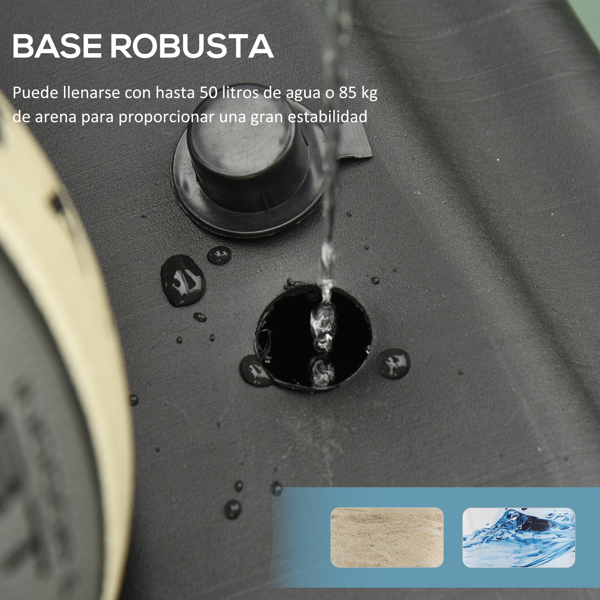 El agua se vierte en un recipiente negro, cerca de un objeto beige. El texto dice que se puede llenar con agua o arena.