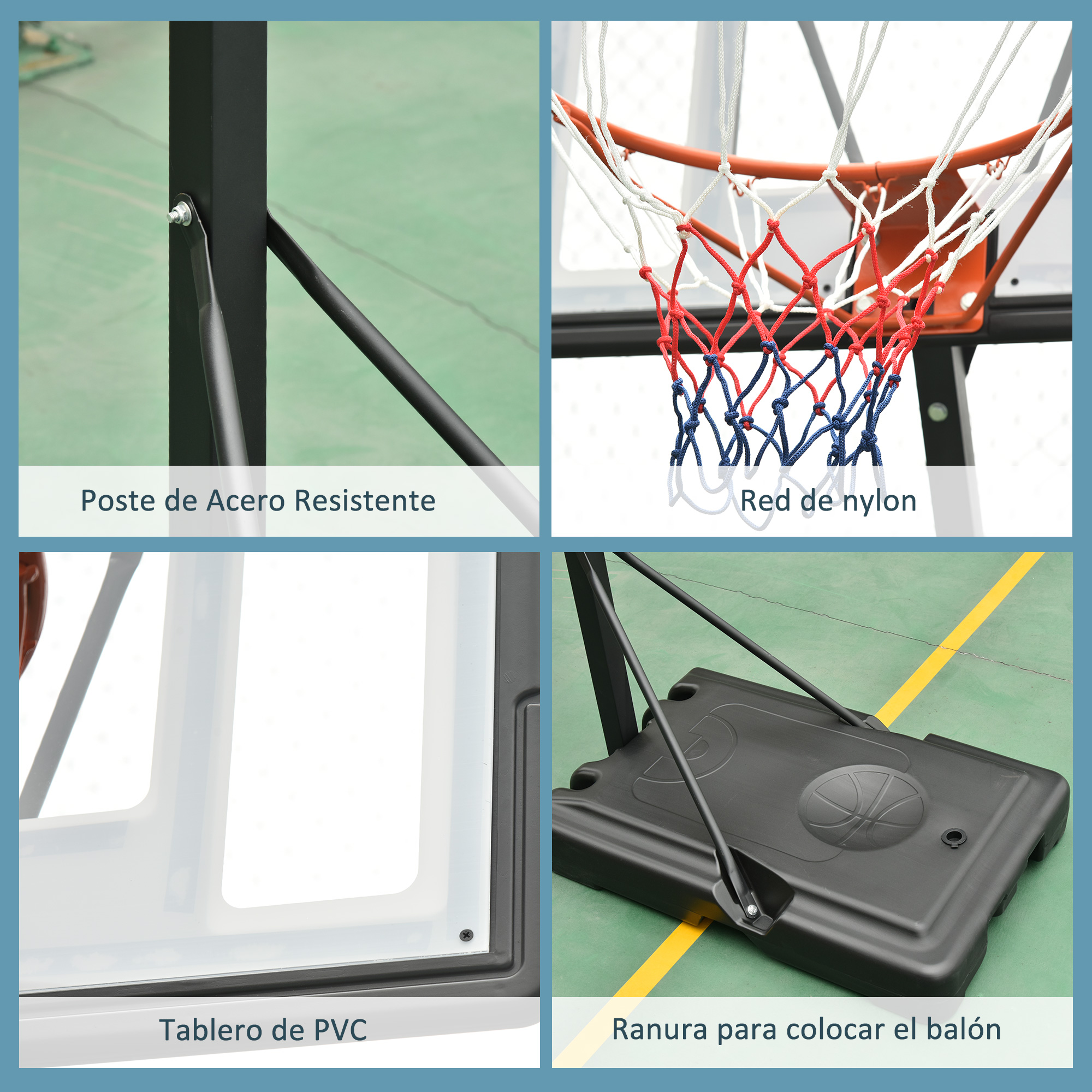 Primeros planos de un aro de baloncesto y sus componentes: un poste de acero resistente, red de nailon, tablero de PVC y una base con ranura para balón.