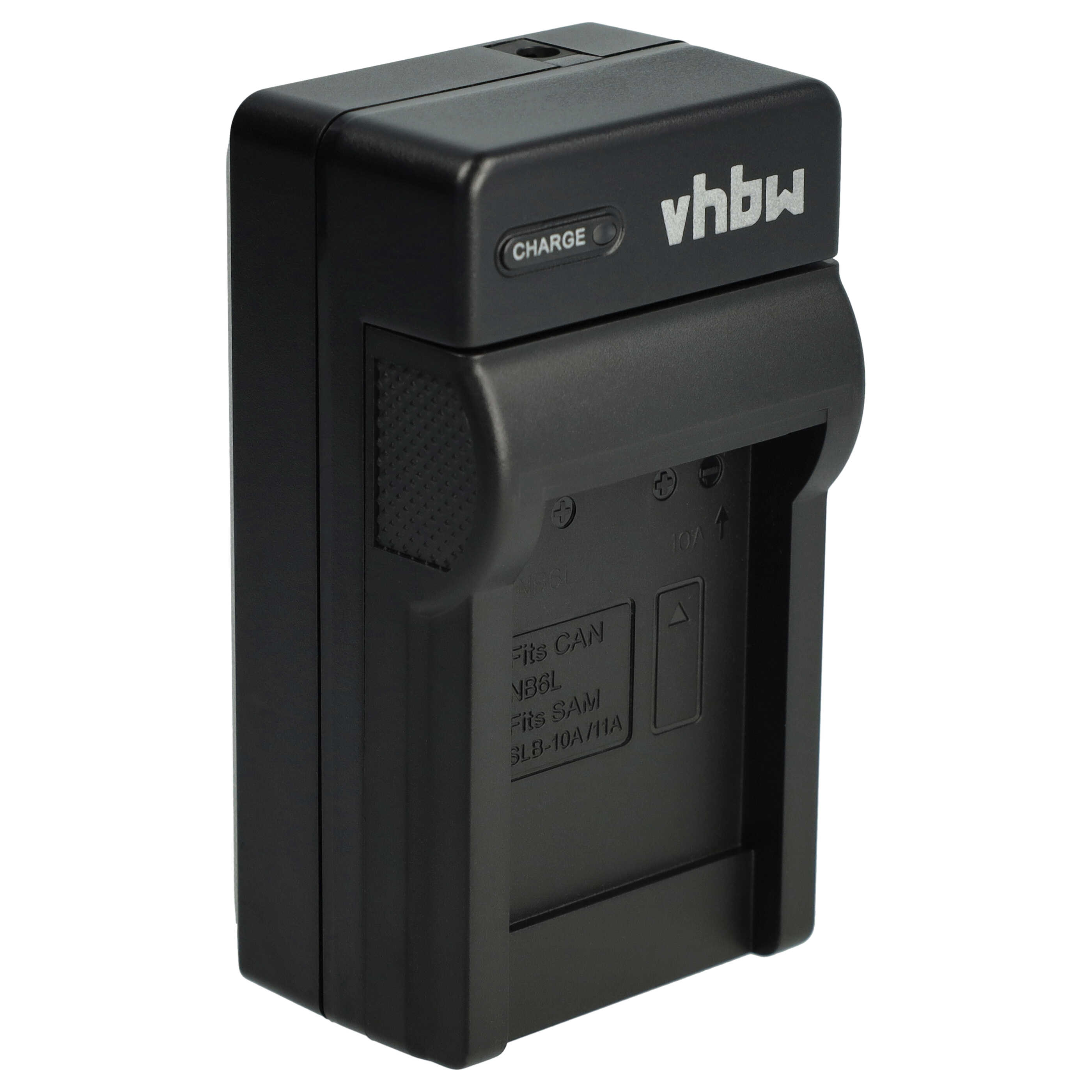 Schwarzes vhbw-Batterieladegerät mit 'CHARGE'-Taste und Text, der die Kompatibilität mit verschiedenen Batteriemodellen anzeigt.