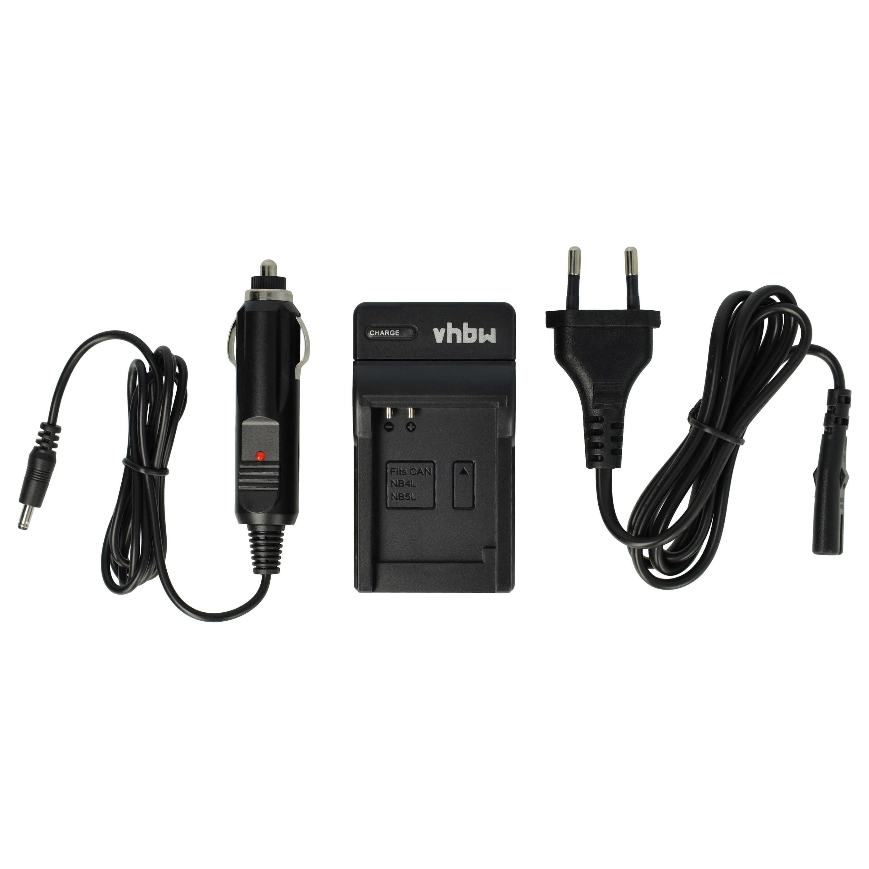 Schwarzes Kameragerät-Ladegerät auf weißem Hintergrund. Enthält einen Auto-Adapter, ein Ladegerät und einen Netzadapter.