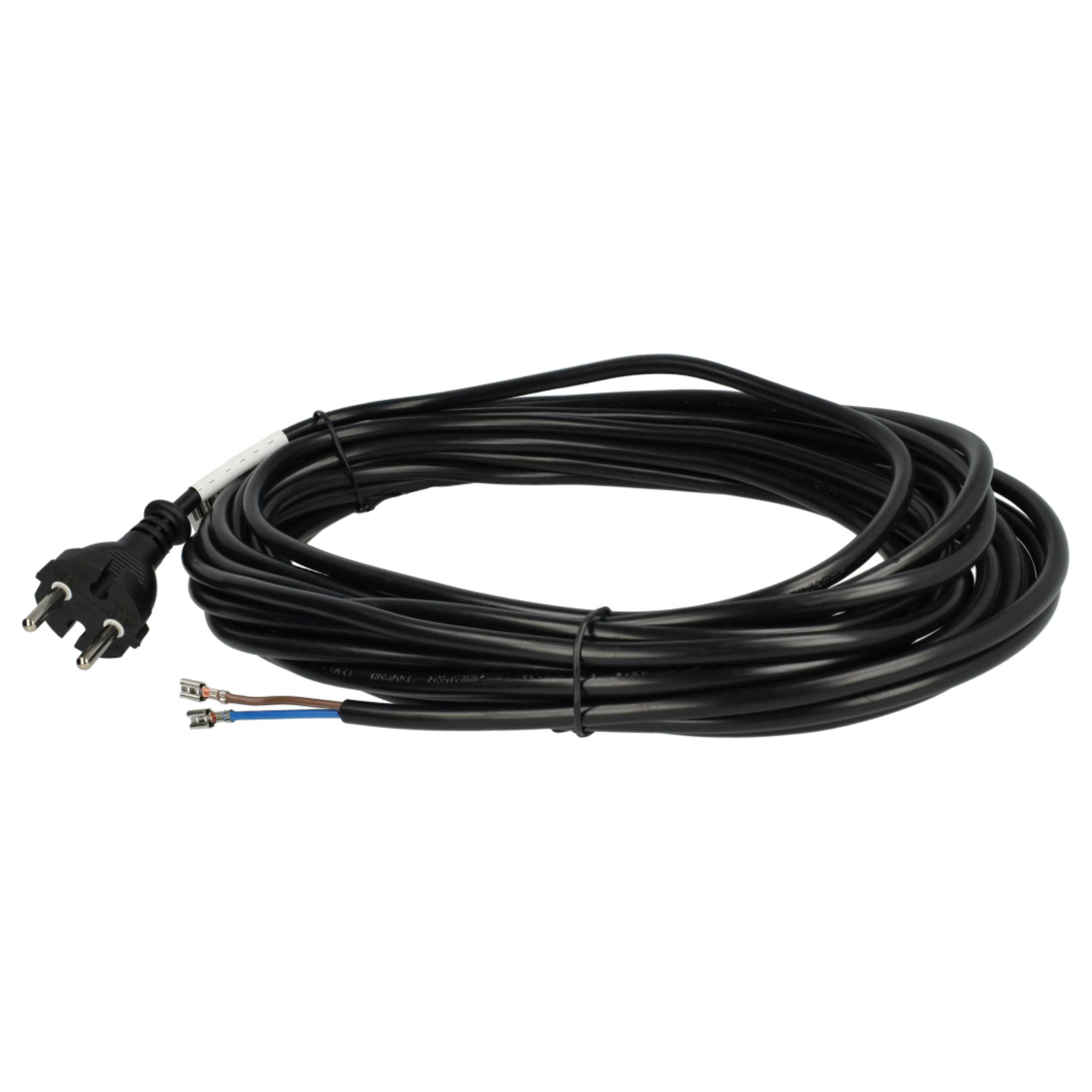 Schwarzes Stromkabel mit Stecker und freiliegenden Drähten. Das Kabel ist aufgerollt.