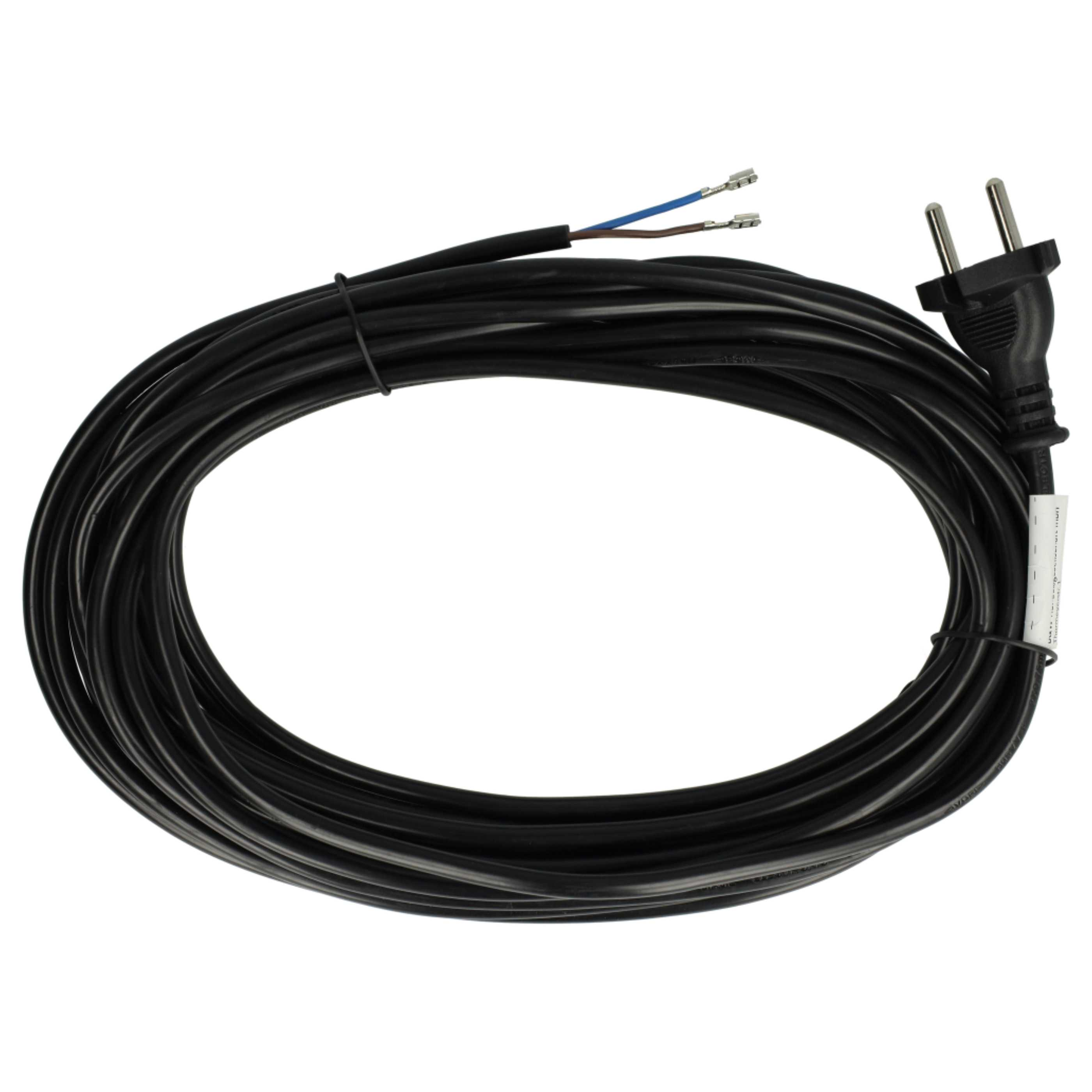 Ein schwarzes Stromkabel mit Stecker und zwei Drähten. Das Kabel ist aufgerollt, die Drähte haben Metallspitzen.