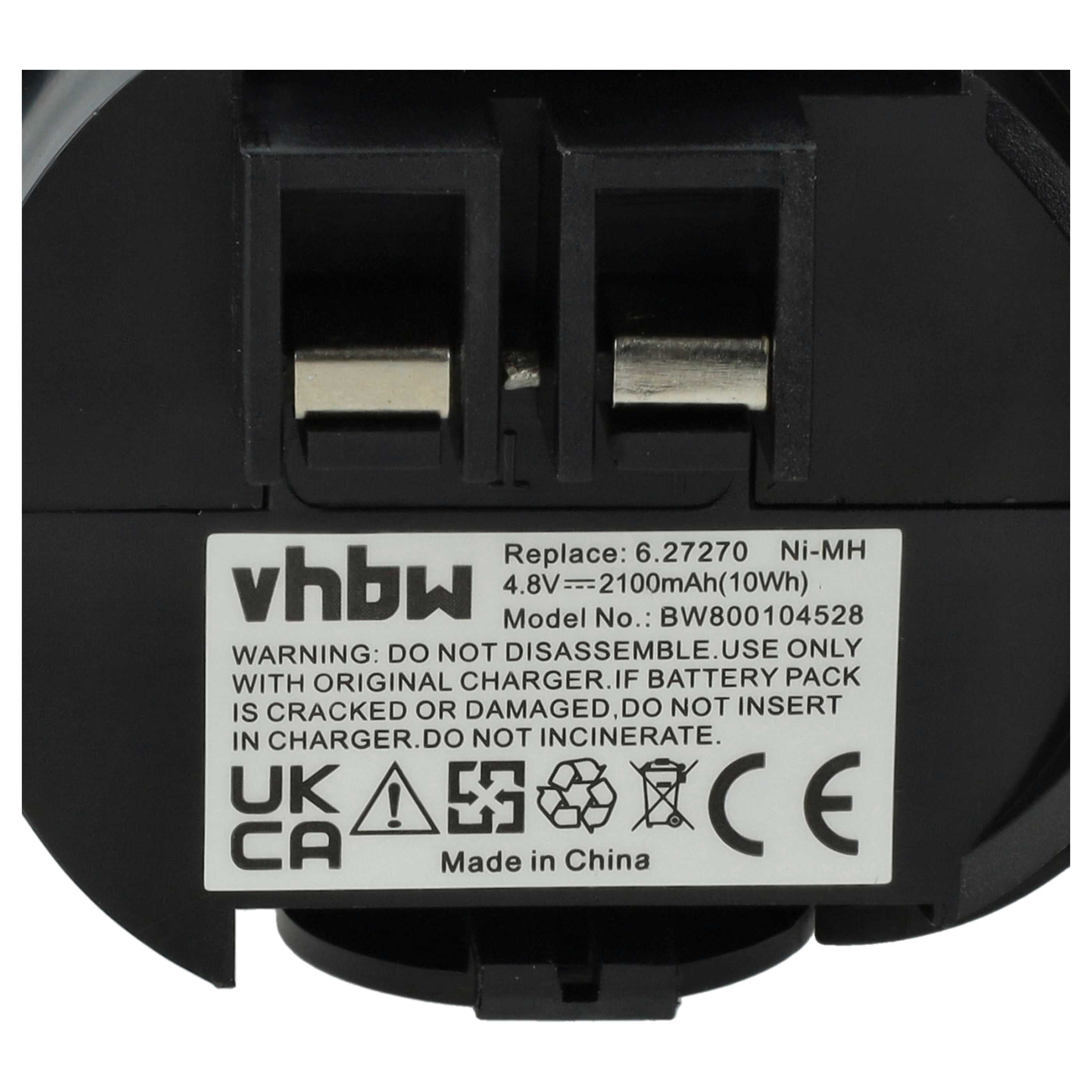 Ein schwarzer Batterieanschluss mit Warnhinweis. Das Etikett enthält Spezifikationen und Sicherheitshinweise. Hergestellt in China.