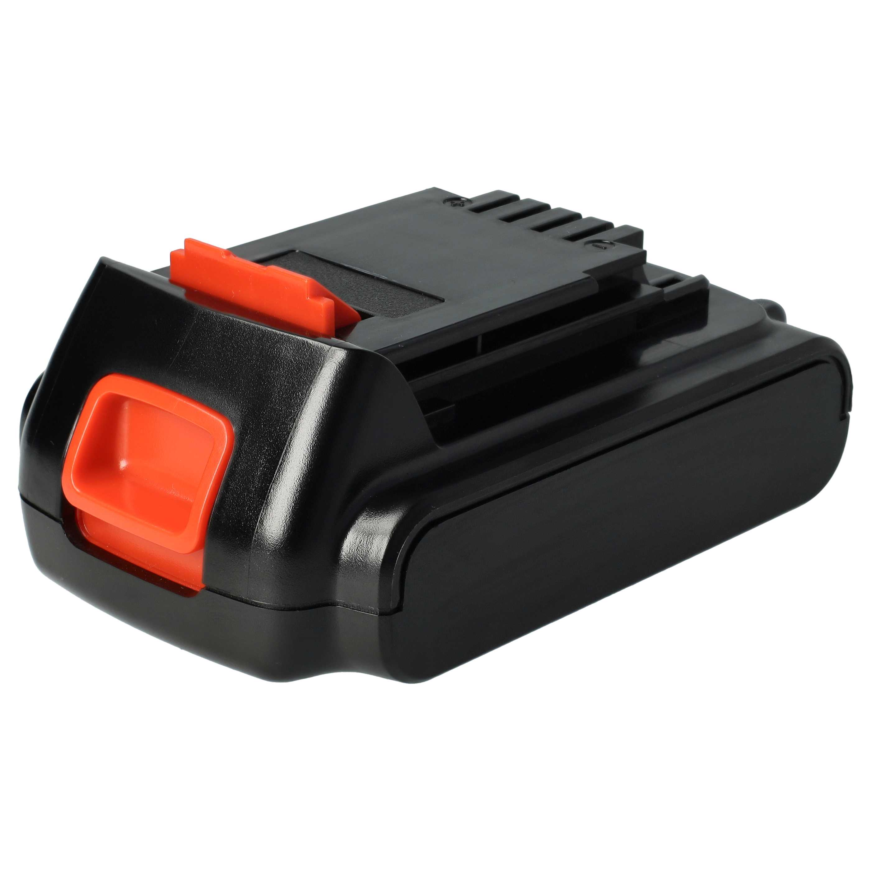 Ein schwarzer und orangefarbener Elektrowerkzeugakku. Der Akku hat eine rechteckige Form mit einem orangefarbenen Auslöseknopf.