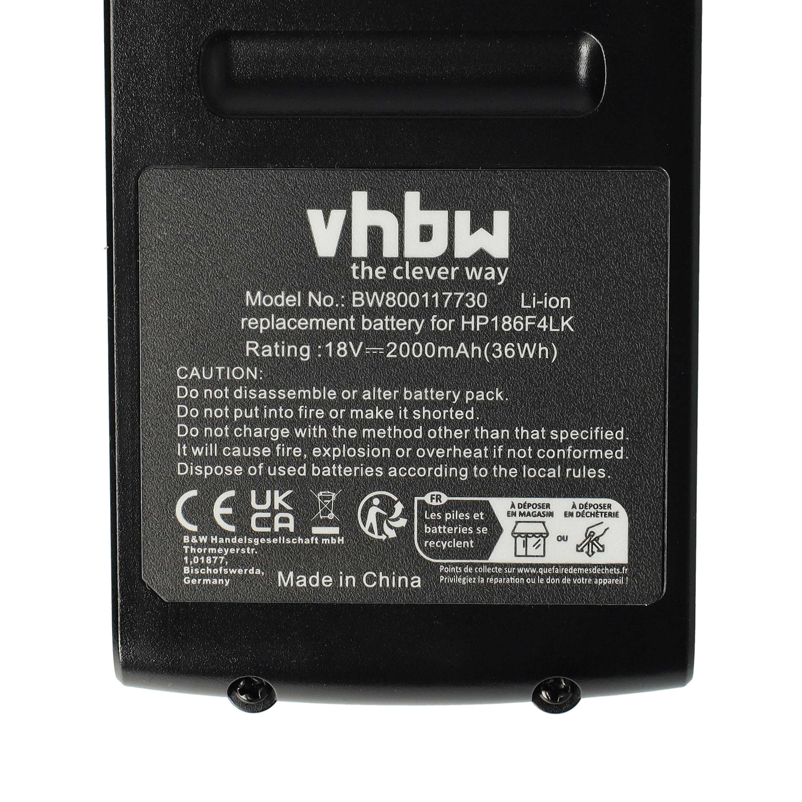 Schwarzer Akku mit weißem Text: vhbw, Modellinformationen, Warnhinweise, Recyclingsymbole und Made in China.