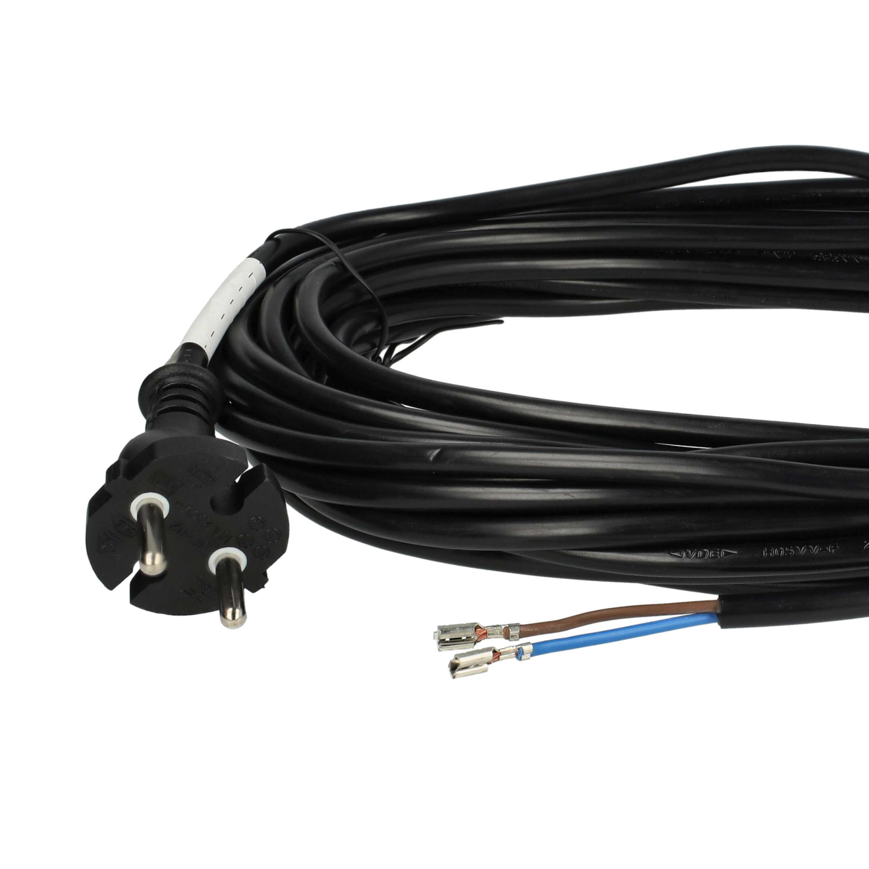 Ein schwarzes Netzkabel mit Stecker und freiliegenden Drähten. Der Stecker ist schwarz, mit drei Stiften, und die Drähte sind braun und blau.