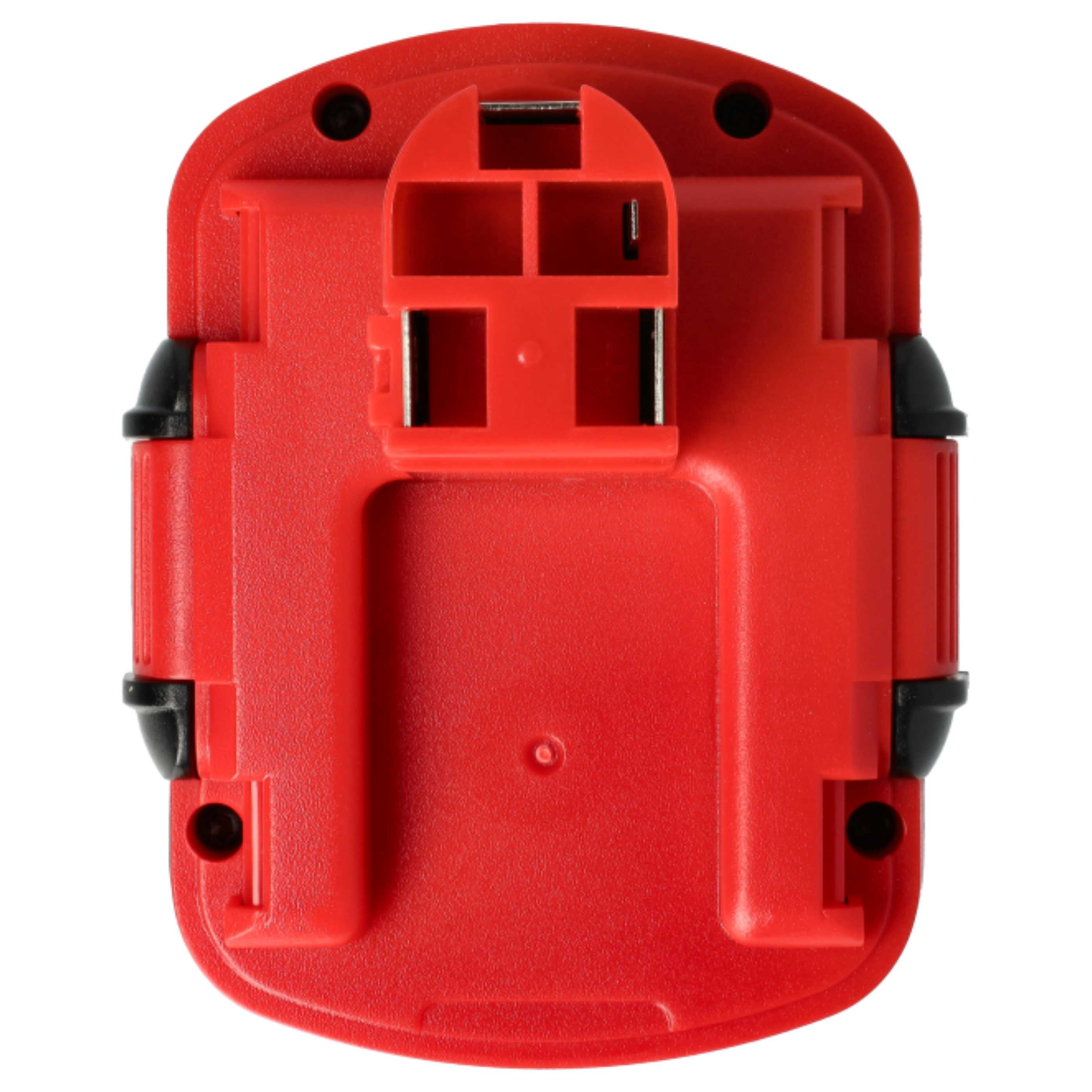 Roter Batteriesockel mit schwarzen Details. Er hat eine rechteckige Form mit einem markanten oberen Clip und schwarzen Clips.