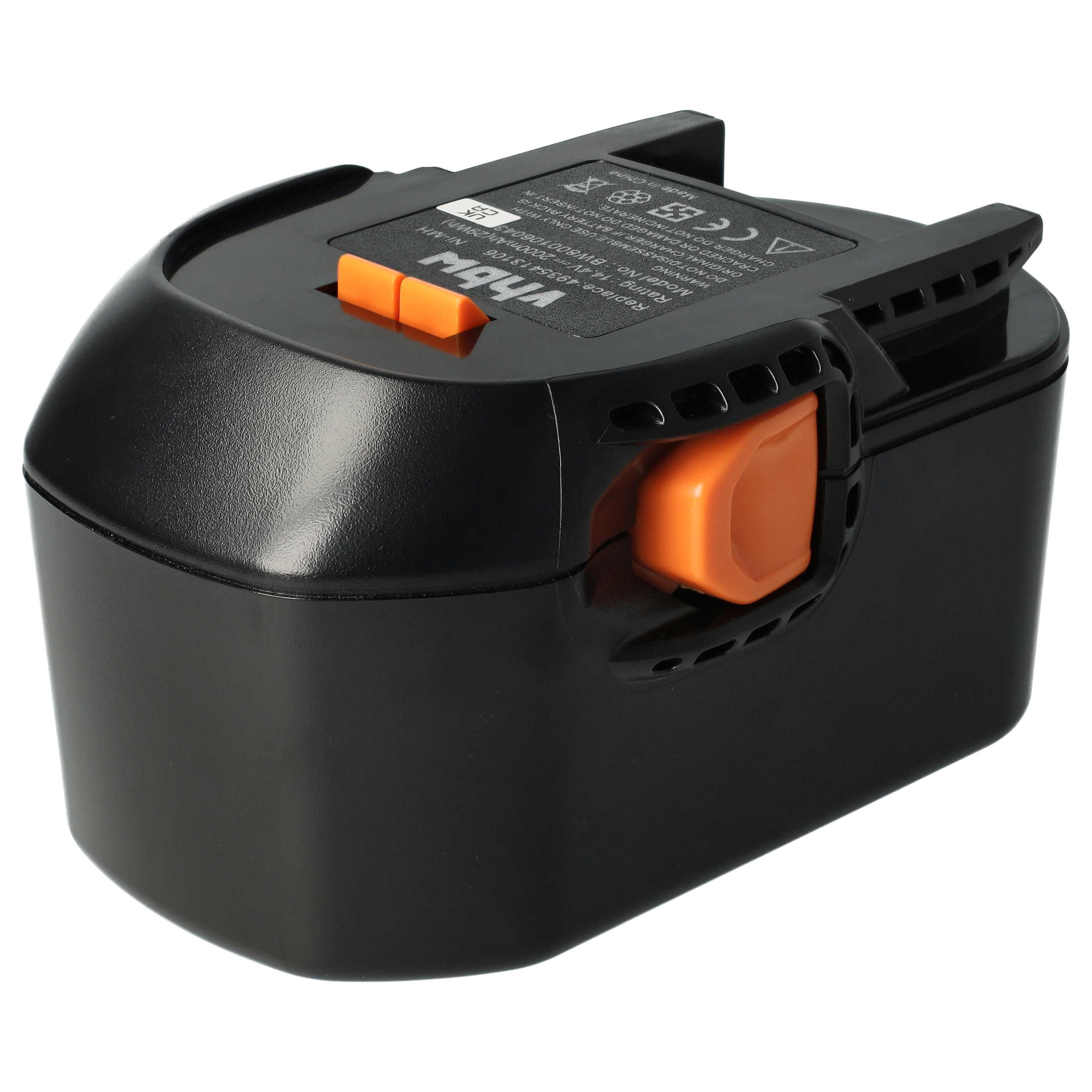 Ein schwarzer Akku mit orangefarbenen Knöpfen. Er hat Etiketten mit Text und Symbolen.